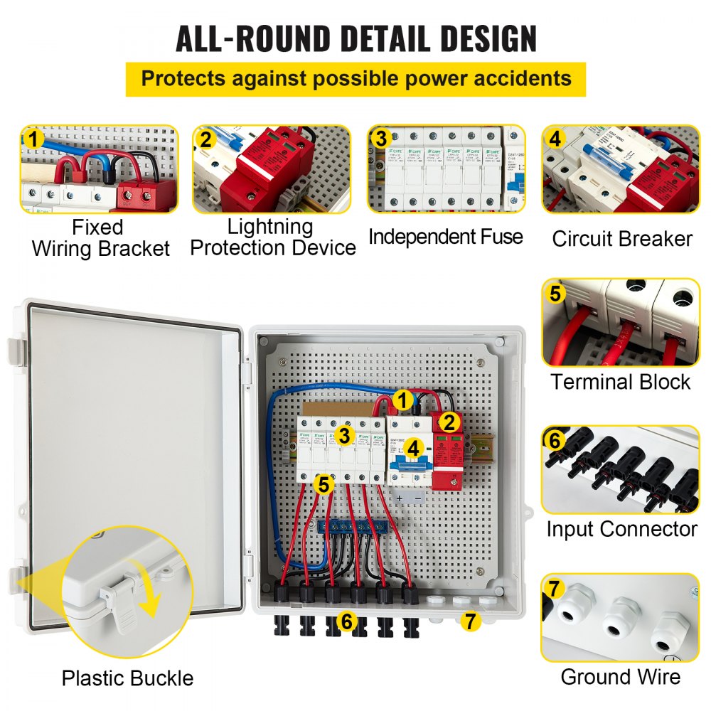 VEVOR PV Combiner Box, 6 String, Solar Combiner Box with 15A Rated Current Fuse, 125A Circuit Breaker, Lightning Arreste and Solar Connector, for On / Off Grid Solar Panel System, IP65 Waterproof