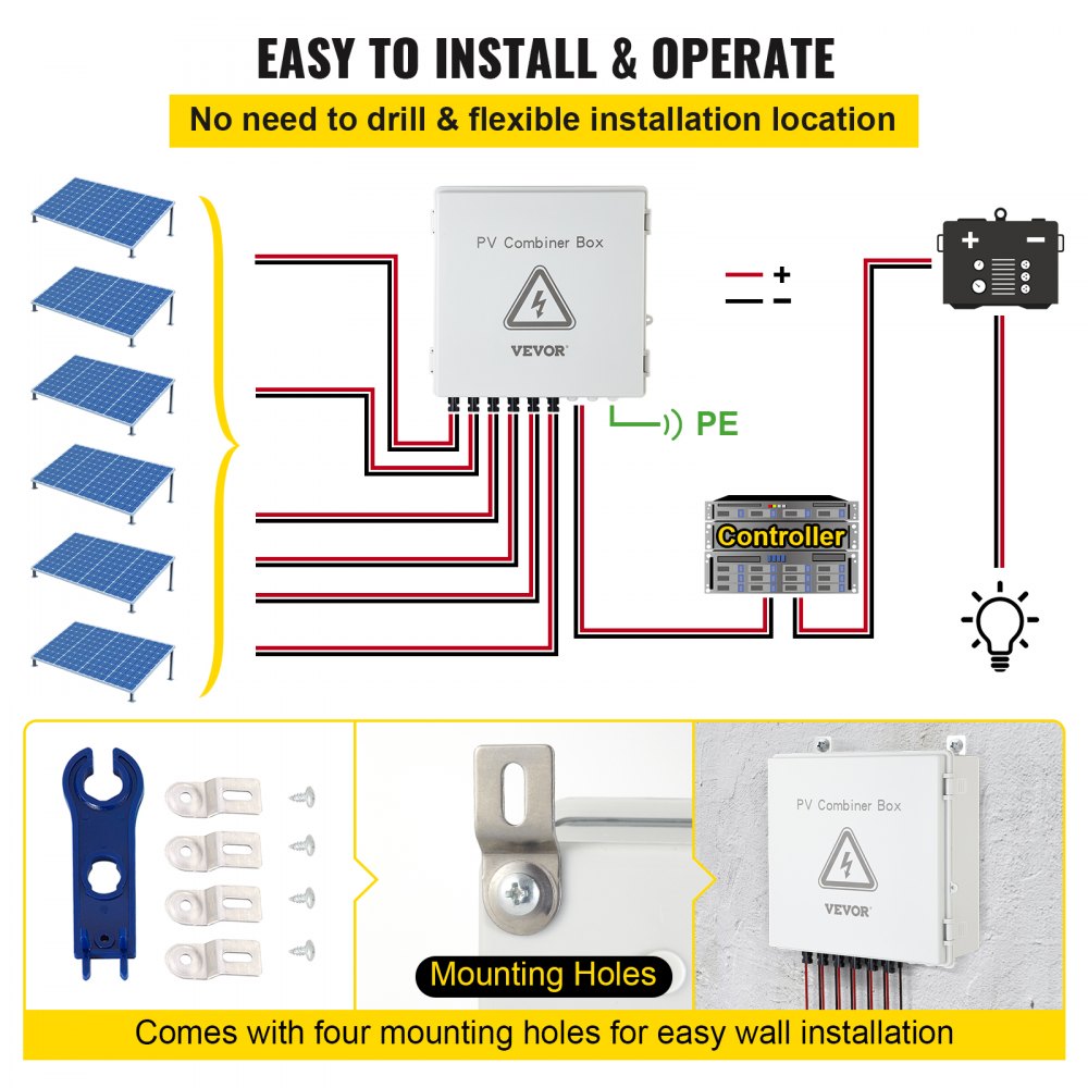 VEVOR PV Combiner Box, 6 String, Solar Combiner Box with 15A Rated Current Fuse, 125A Circuit Breaker, Lightning Arreste and Solar Connector, for On / Off Grid Solar Panel System, IP65 Waterproof