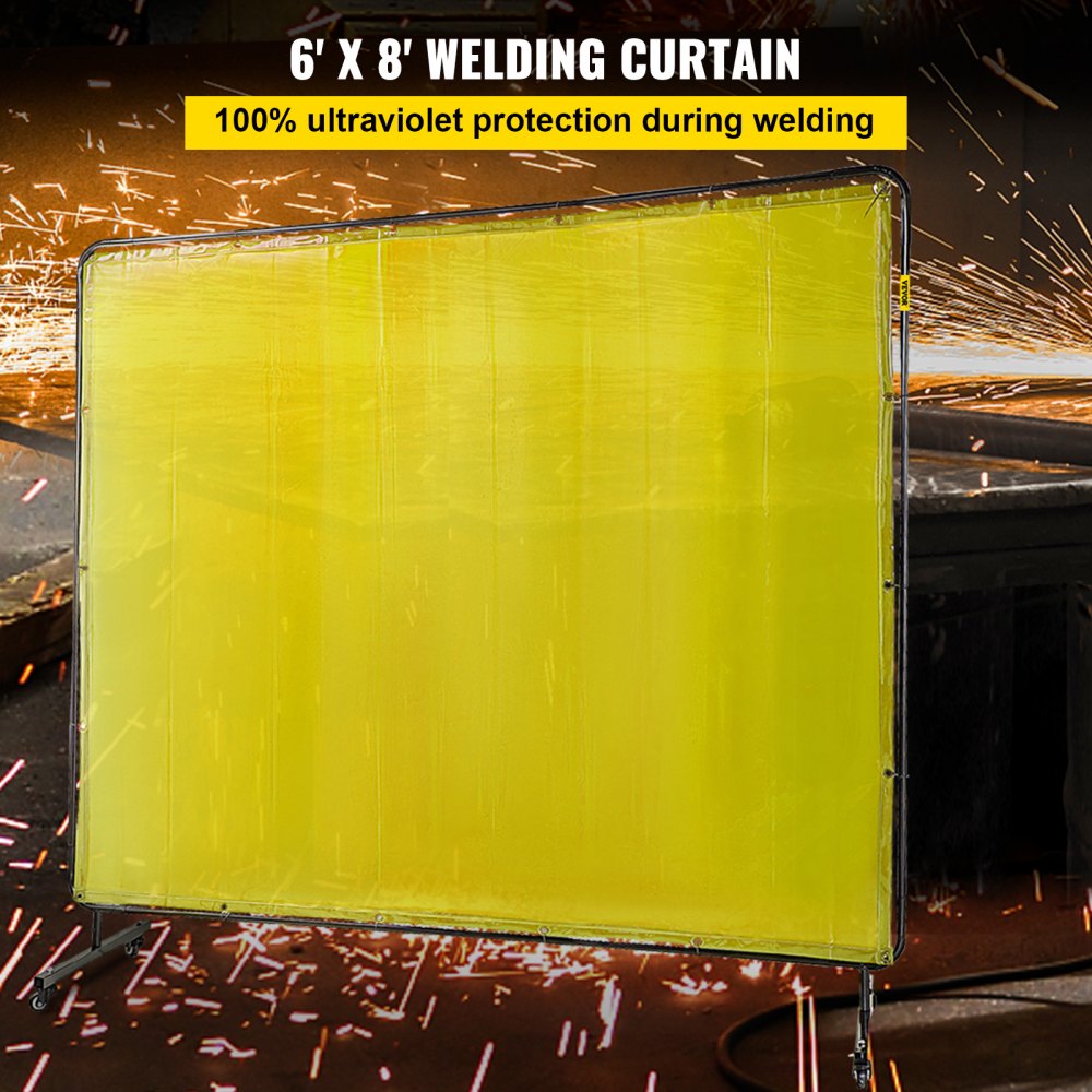 VEVOR Welding Screen with Frame 8\' x 6\', Welding Curtain with 4 Wheels, Welding Protection Screen Yellow Flame-Resistant Vinyl, Portable Light-Proof Professional