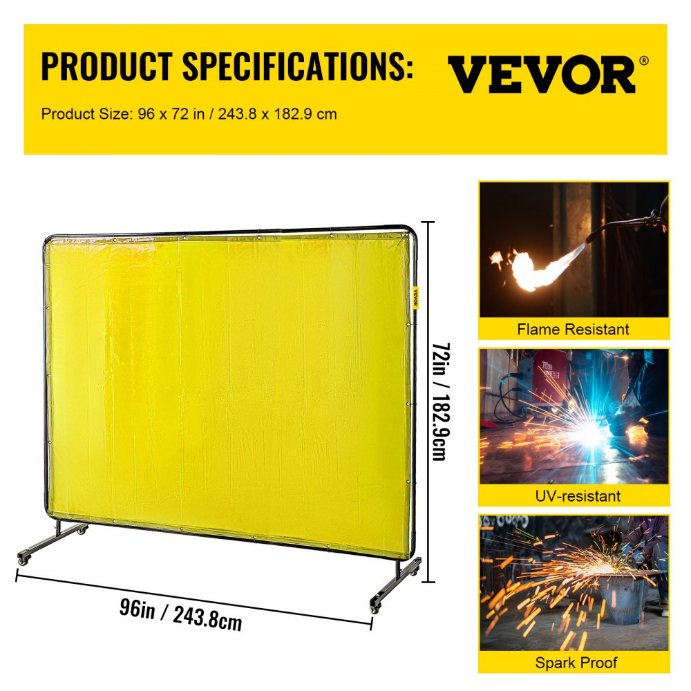 VEVOR Welding Screen with Frame 8\' x 6\', Welding Curtain with 4 Wheels, Welding Protection Screen Yellow Flame-Resistant Vinyl, Portable Light-Proof Professional