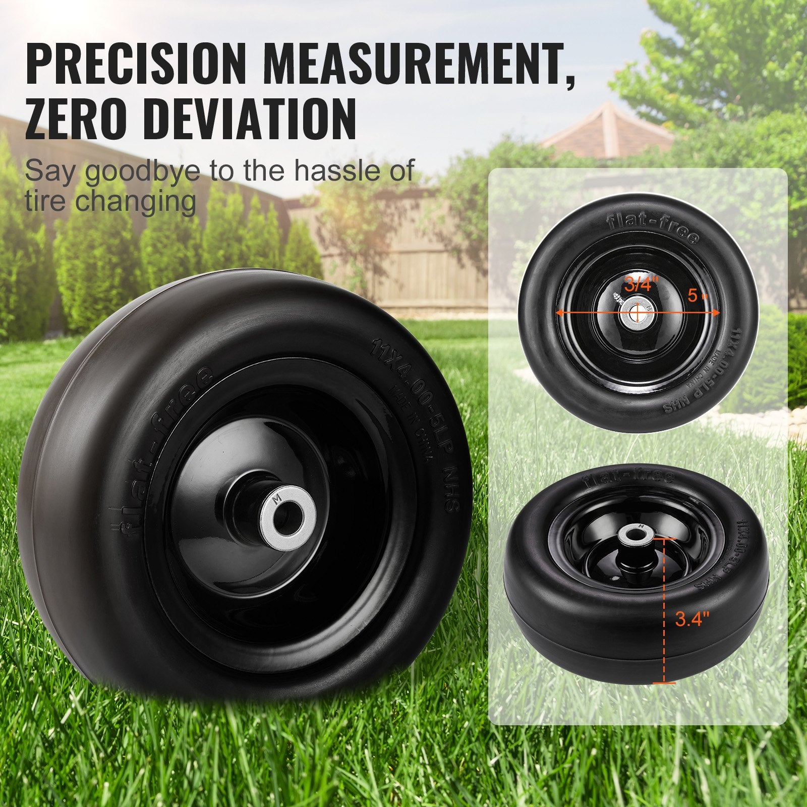 Durable Flat-Free PU Lawn Mower Tire with Rim, 11x4-5” Tubeless Set, Includes 20 Adapters, 3.4" Hub, 3/4" Bushing for Riding Mowers