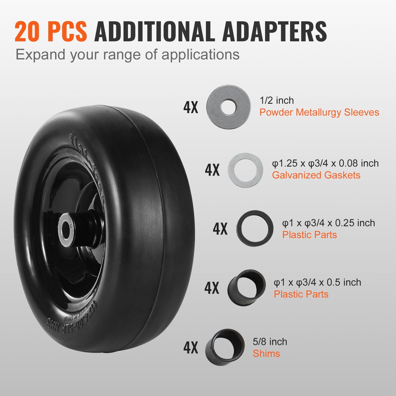 Durable Flat-Free PU Lawn Mower Tire with Rim, 11x4-5” Tubeless Set, Includes 20 Adapters, 3.4" Hub, 3/4" Bushing for Riding Mowers