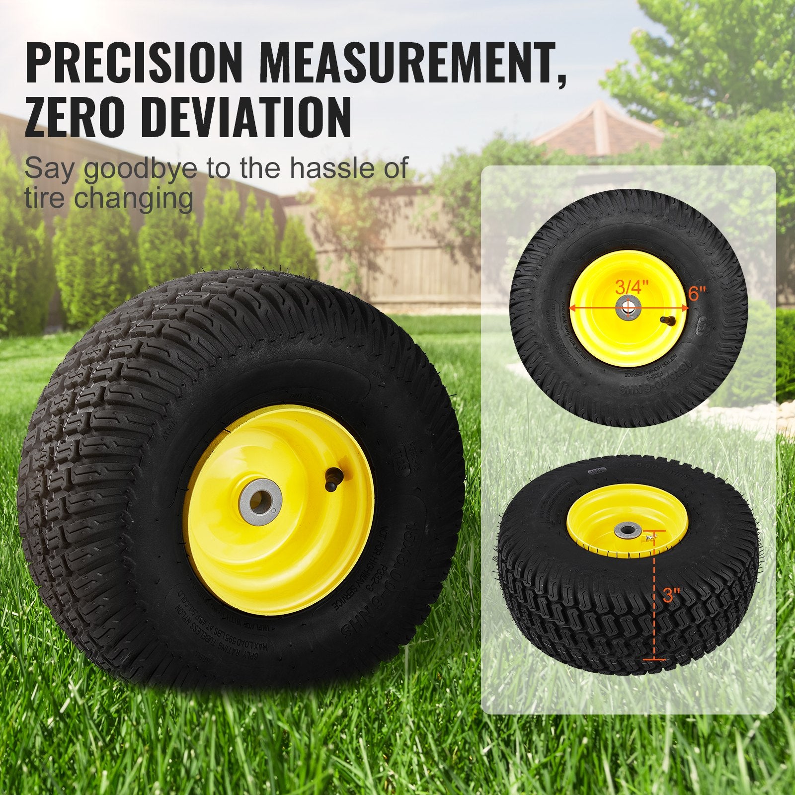 Durable 15x6-6" Lawn Mower Tire & Rim Set, 2-Pack - Tubeless S-Turf Pneumatic Tires with 3" Offset Hub, 16 Adapters, 3/4" Bushing