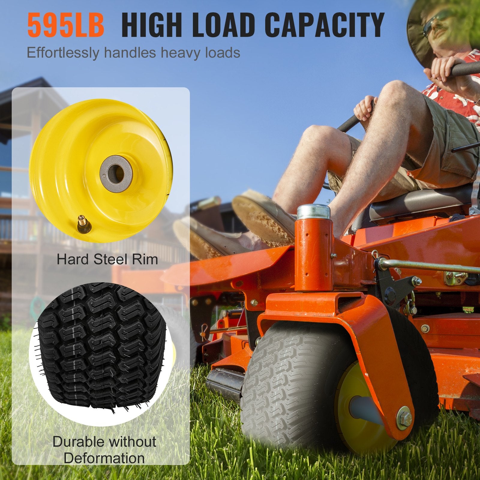 Durable 15x6-6" Lawn Mower Tire & Rim Set, 2-Pack - Tubeless S-Turf Pneumatic Tires with 3" Offset Hub, 16 Adapters, 3/4" Bushing
