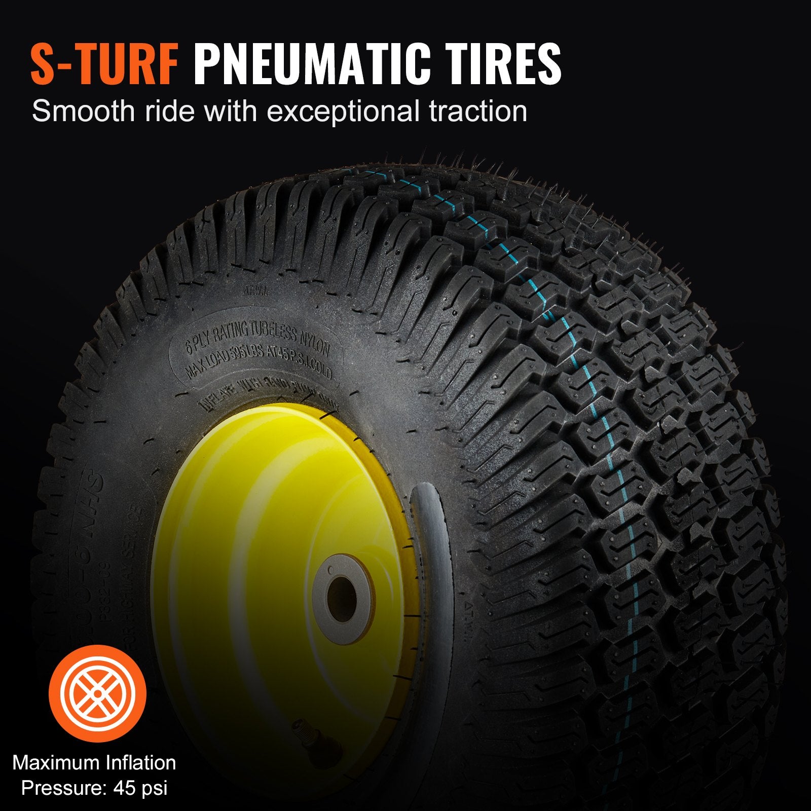 Durable 15x6-6" Lawn Mower Tire & Rim Set, 2-Pack - Tubeless S-Turf Pneumatic Tires with 3" Offset Hub, 16 Adapters, 3/4" Bushing