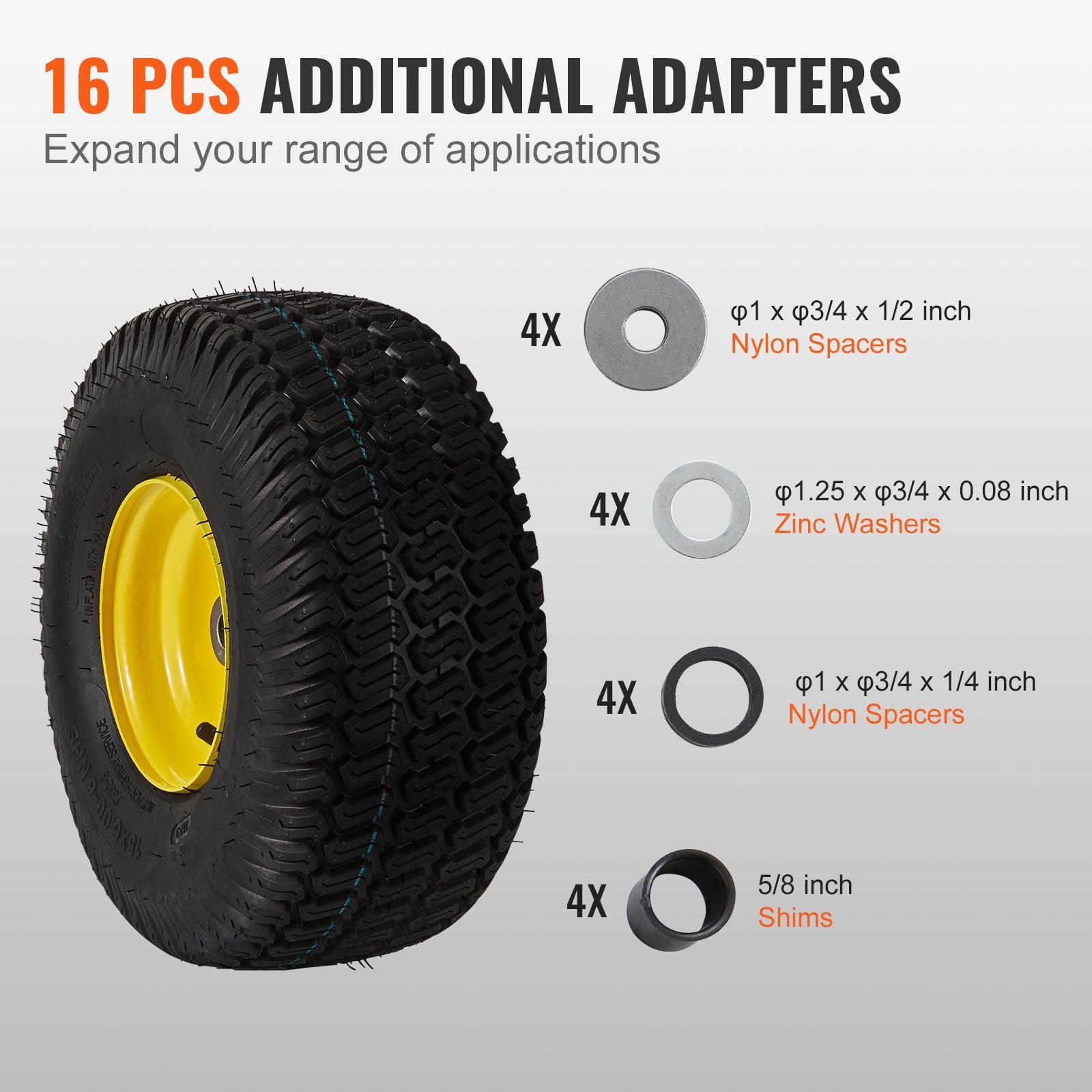 Durable 15x6-6" Lawn Mower Tire & Rim Set, 2-Pack - Tubeless S-Turf Pneumatic Tires with 3" Offset Hub, 16 Adapters, 3/4" Bushing