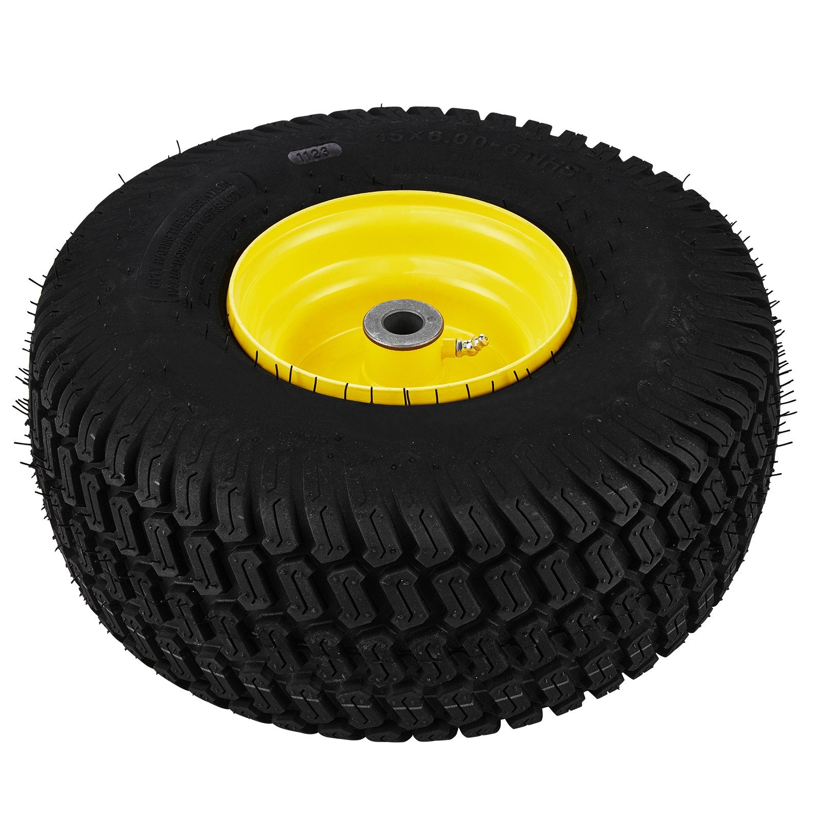 Durable 15x6-6" Lawn Mower Tire & Rim Set, 2-Pack - Tubeless S-Turf Pneumatic Tires with 3" Offset Hub, 16 Adapters, 3/4" Bushing