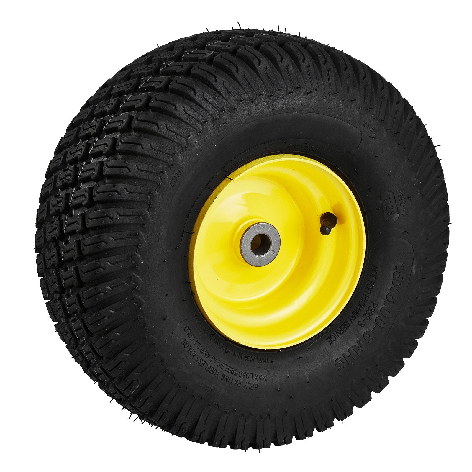Durable 15x6-6" Lawn Mower Tire & Rim Set, 2-Pack - Tubeless S-Turf Pneumatic Tires with 3" Offset Hub, 16 Adapters, 3/4" Bushing