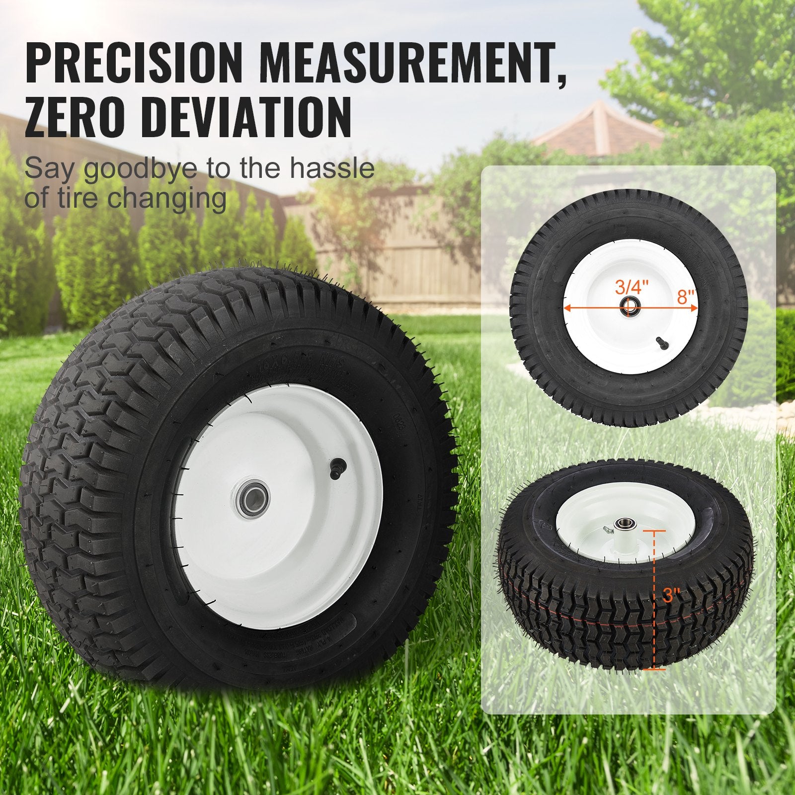 2-Pack 16x6.5-8" Tubeless Lawn Mower Tires with Rim - Turf Pneumatic Tires, 3" Hub, 3/4" Bushing, 16 Adapters for Riding Mowers