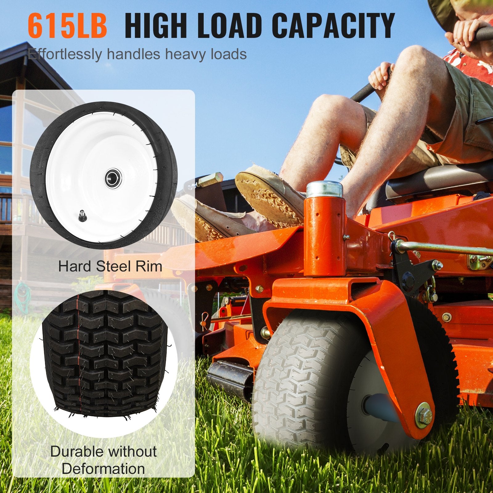 2-Pack 16x6.5-8" Tubeless Lawn Mower Tires with Rim - Turf Pneumatic Tires, 3" Hub, 3/4" Bushing, 16 Adapters for Riding Mowers