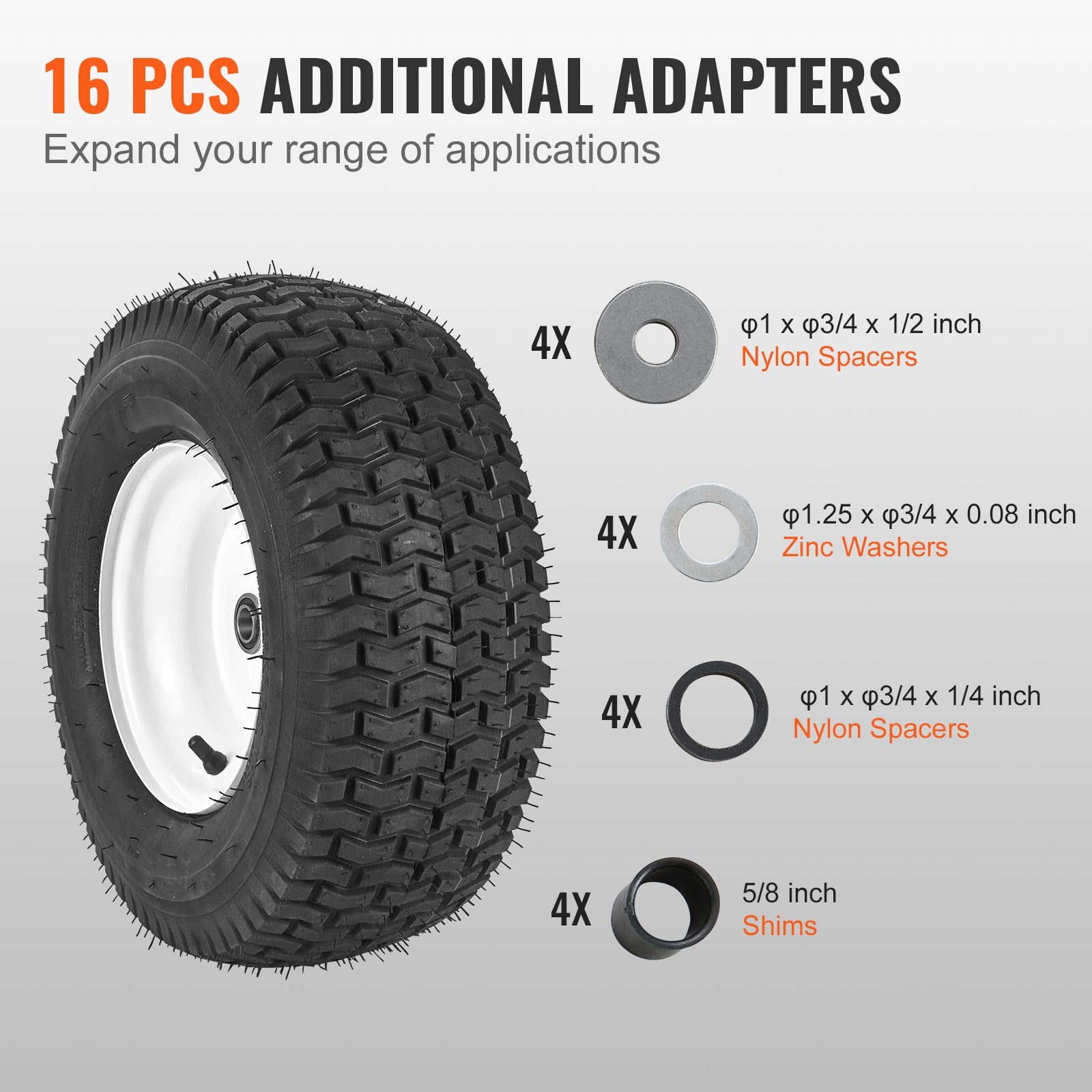 2-Pack 16x6.5-8" Tubeless Lawn Mower Tires with Rim - Turf Pneumatic Tires, 3" Hub, 3/4" Bushing, 16 Adapters for Riding Mowers