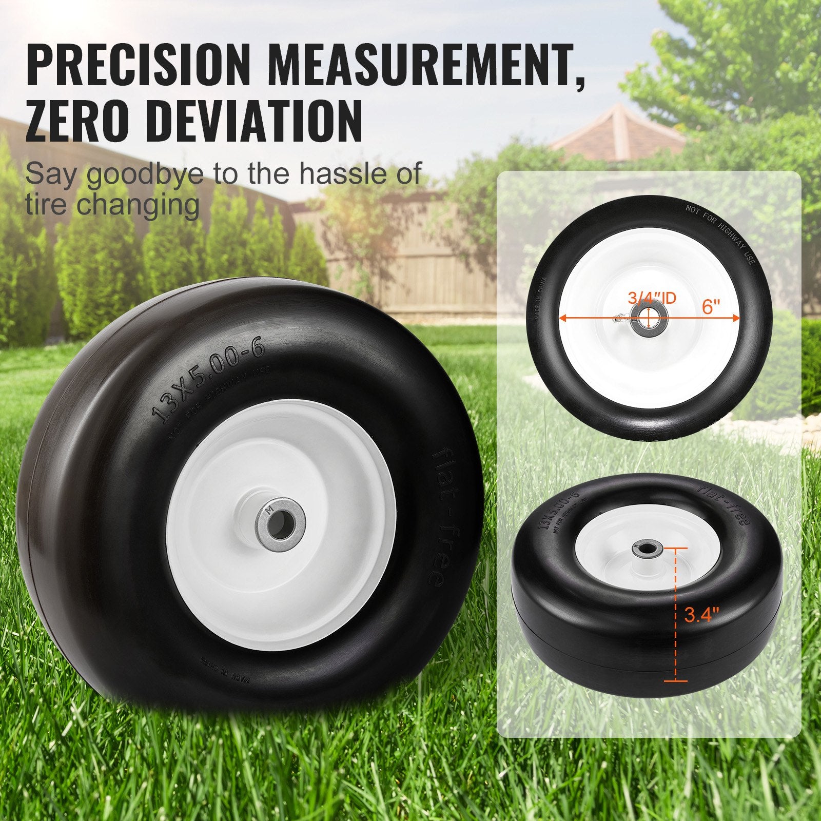 Durable 13x5-6" Flat-Free Tubeless Lawn Mower Tires with Rims, 2-Pack, Versatile PU Tire Assembly, 3/4" Bushing, 20 Adapters