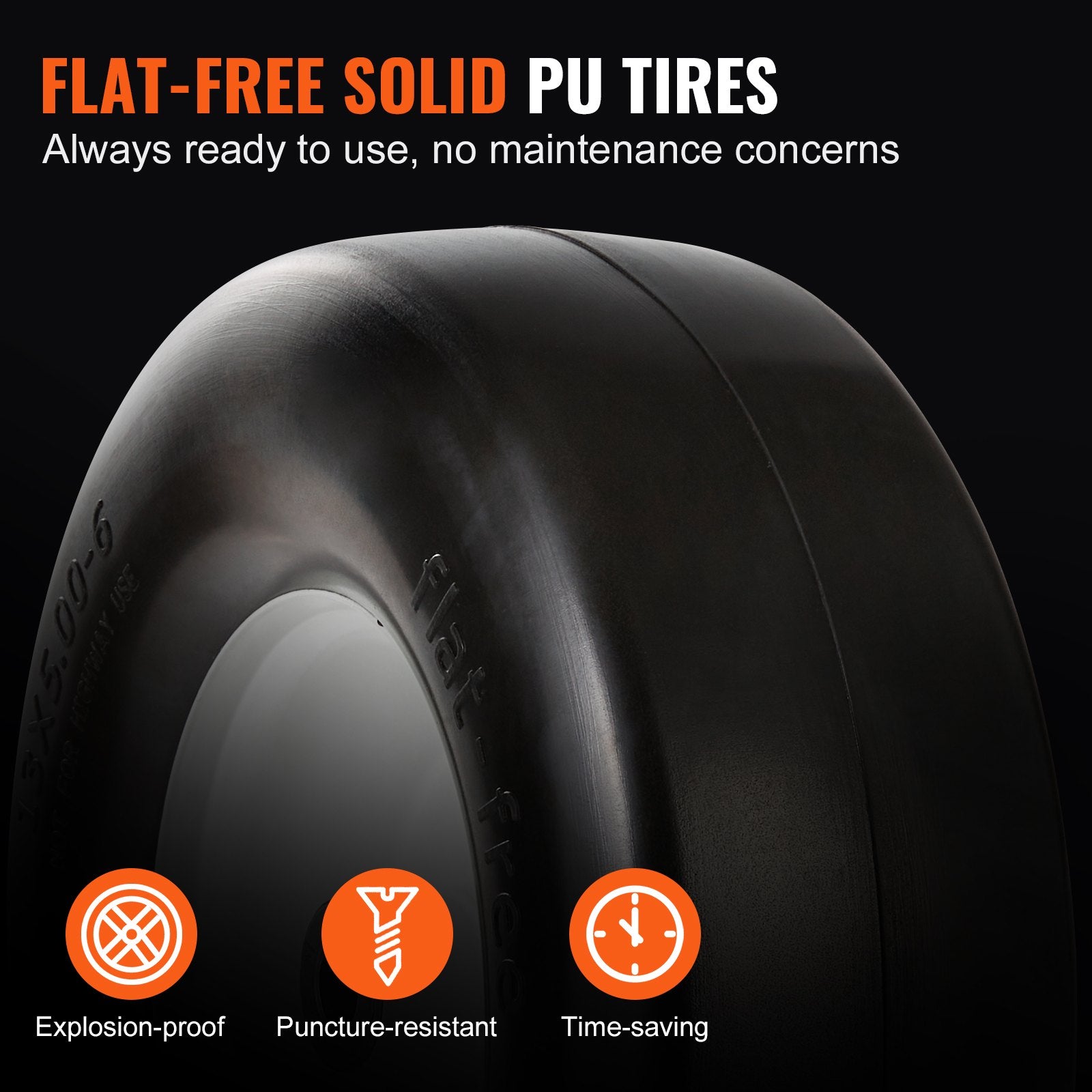 Durable 13x5-6" Flat-Free Tubeless Lawn Mower Tires with Rims, 2-Pack, Versatile PU Tire Assembly, 3/4" Bushing, 20 Adapters