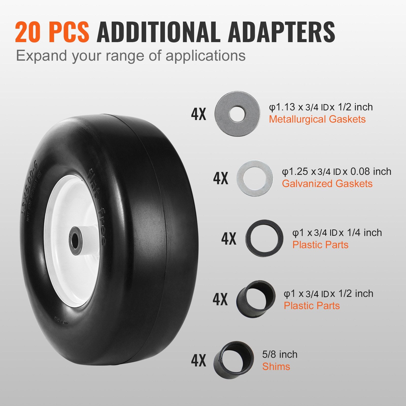 Durable 13x5-6" Flat-Free Tubeless Lawn Mower Tires with Rims, 2-Pack, Versatile PU Tire Assembly, 3/4" Bushing, 20 Adapters