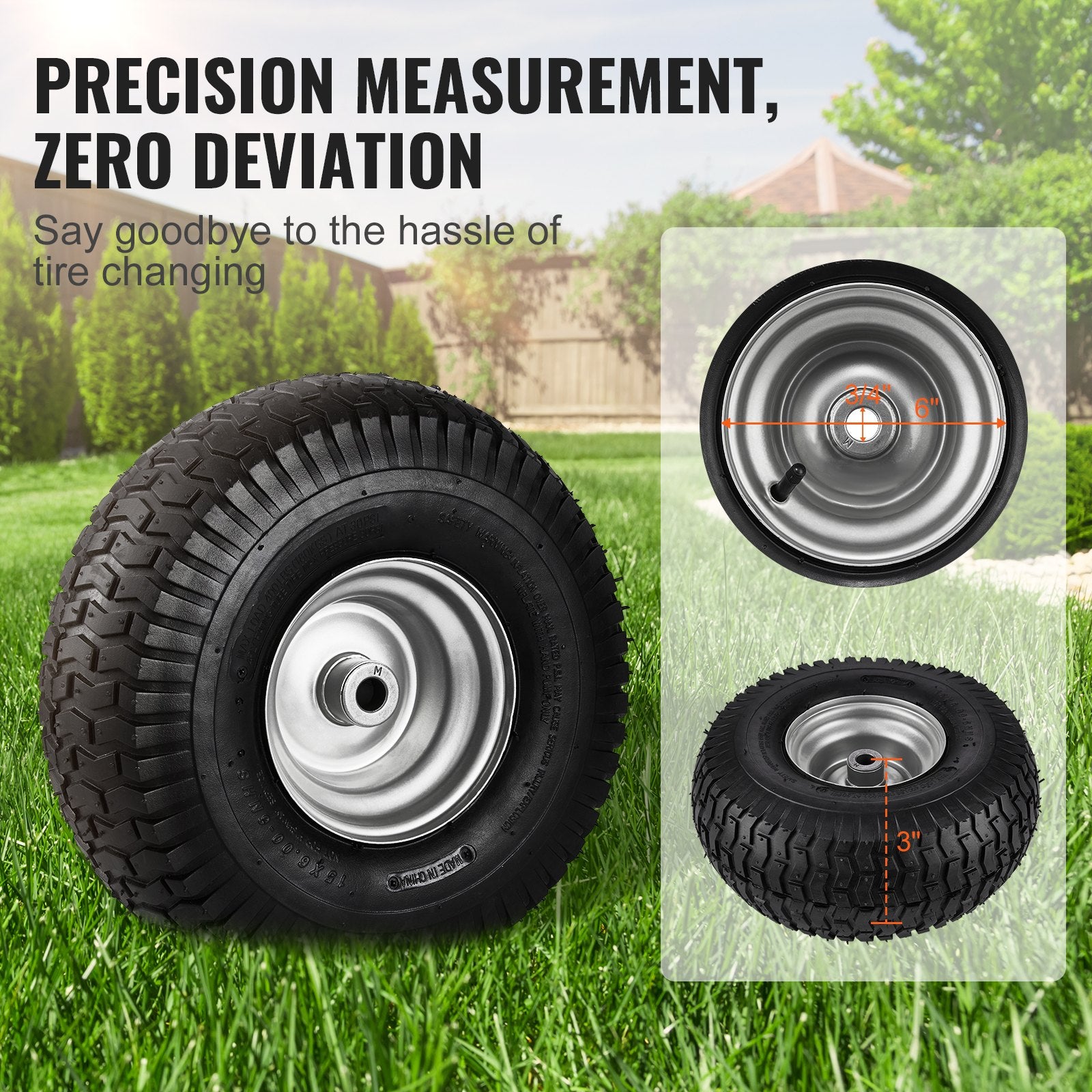 2-Pack Lawn Mower Tires 15x6-6", Heavy-Duty Turf Pneumatic Wheel Assemblies, 3" Hub & 3/4" Bushing, 16 Adapters for Tractors & Mowers