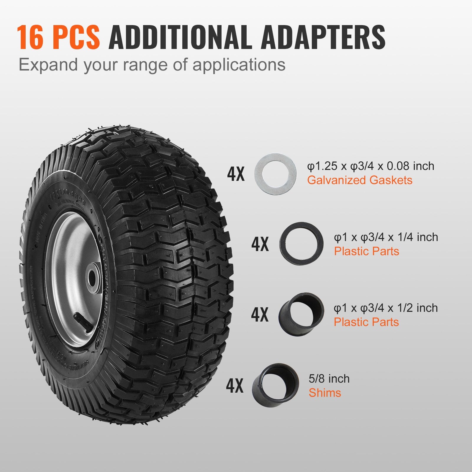 2-Pack Lawn Mower Tires 15x6-6", Heavy-Duty Turf Pneumatic Wheel Assemblies, 3" Hub & 3/4" Bushing, 16 Adapters for Tractors & Mowers