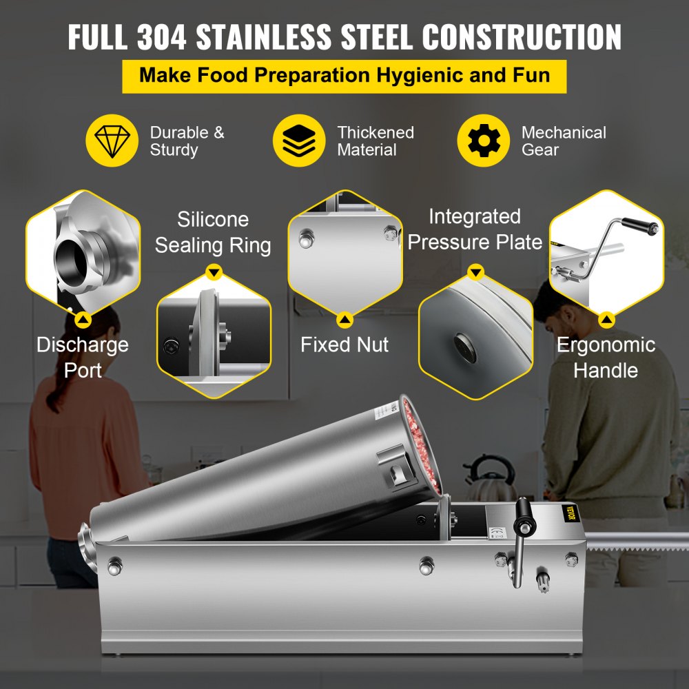 VEVOR Manual Sausage Stuffer, 7 L / 15 LBS Horizontal Sausage Machine, Dual-Speed Meat Stuffer, Made of Food-Grade 304 Stainless Steel, Includes 5 Stuffing Tubes, for Home Kitchen Restaurant Commercia