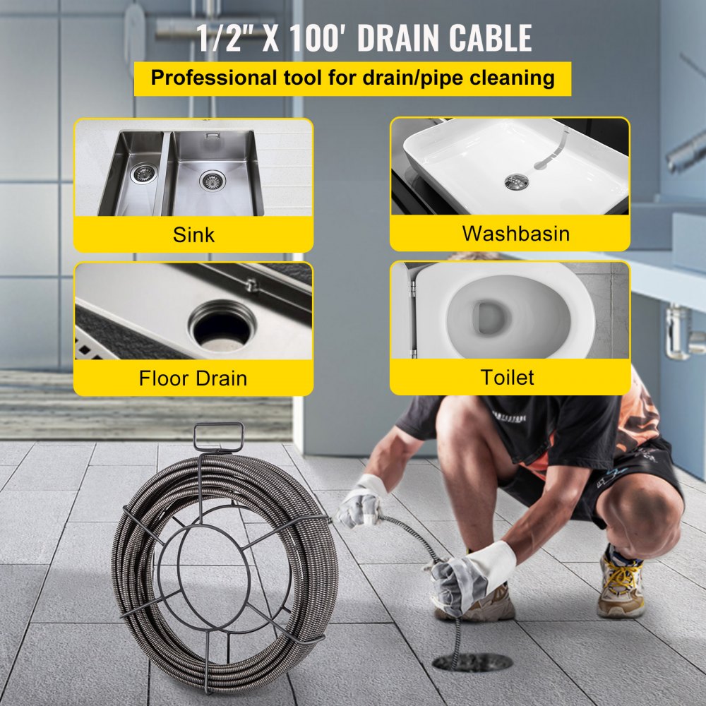 VEVOR Drain Cleaning Cable 100 Feet x 1/2 Inch Solid Core Cable Sewer Cable Drain Auger Cable Cleaner Snake Clog Pipe Drain Cleaning Cable Sewer Drain Auger Snake Pipe