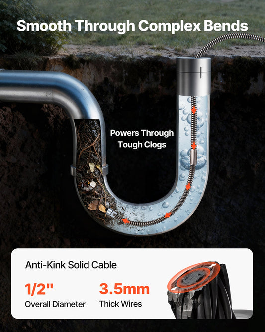 Professional 100ft Drain Cleaning Cable - Heavy-Duty 1/2" Solid Core Auger Snake for Clogs in 2-4" Pipes, Sewer, Pipe, and Drain Maintenance
