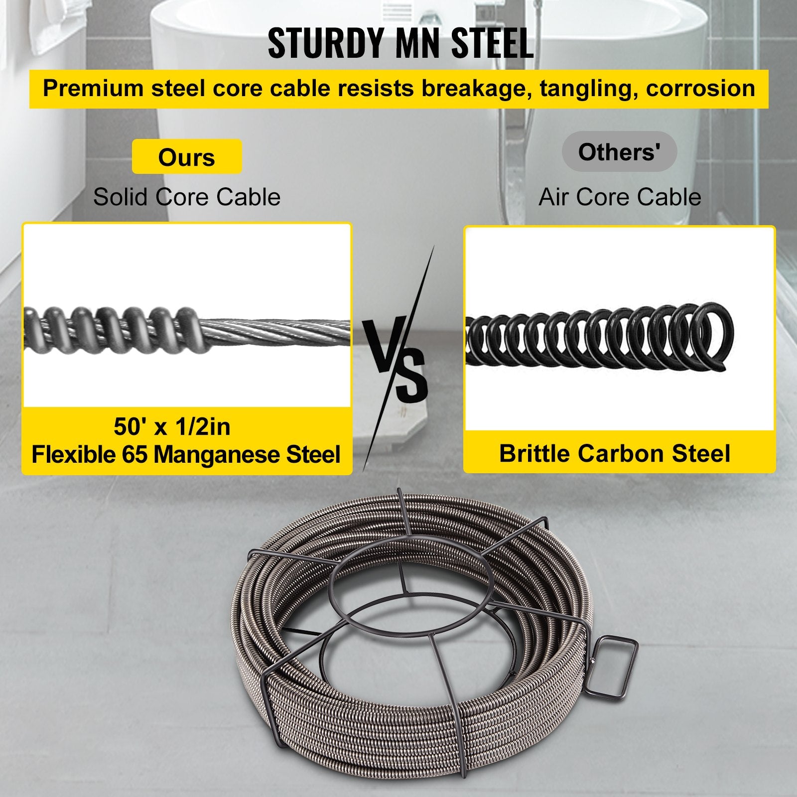 50ft Solid Core Drain Auger Cable - Sewer Snake Cleaner for Clogged Pipes, Durable 1/2" Diameter, Quick Change Heads, Versatile Tool