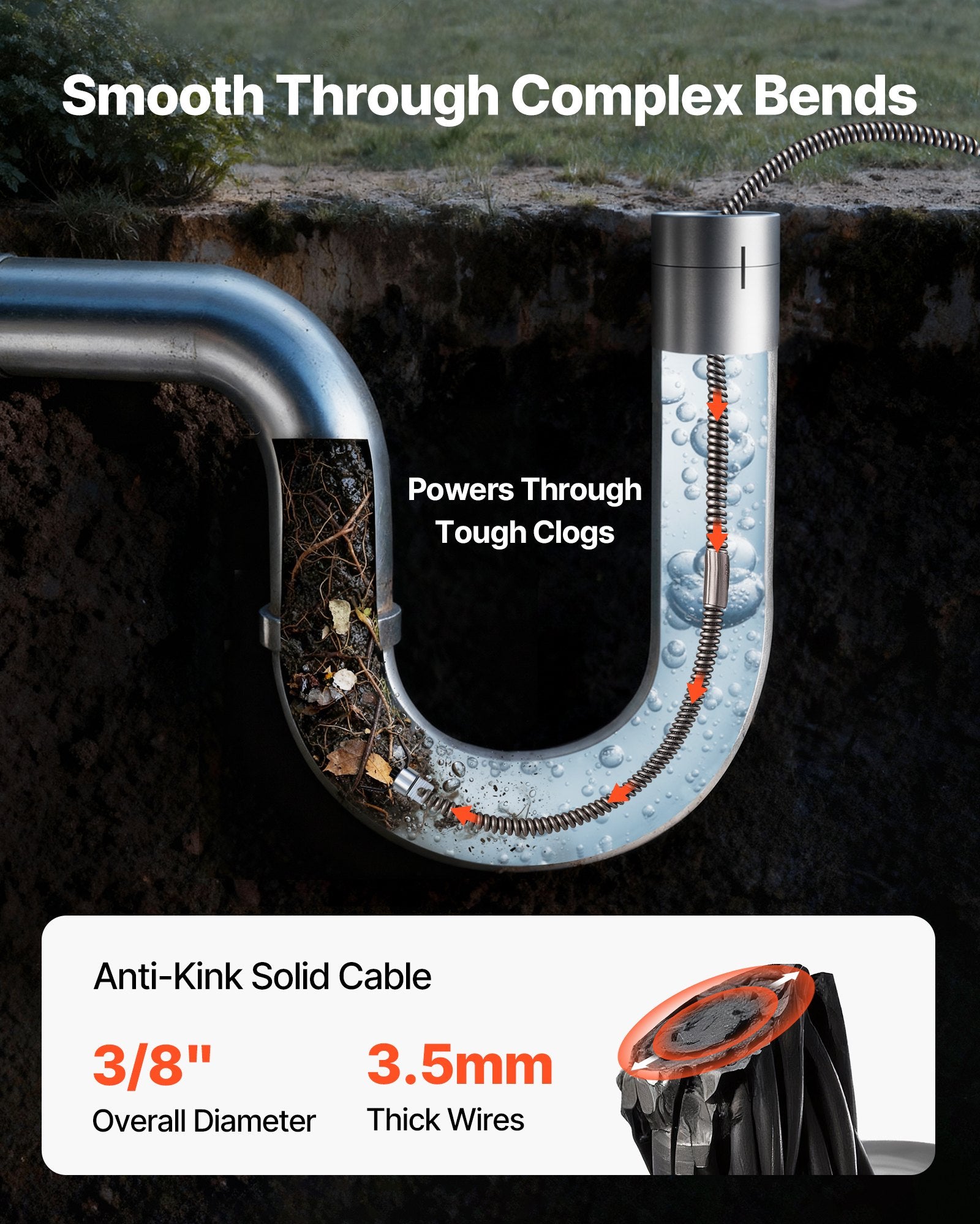 50ft Heavy-Duty Sewer Drain Cleaning Cable, 3/8" Solid Core Auger Snake for Clogged Pipes, Quick-Replace Heads, Versatile Tool