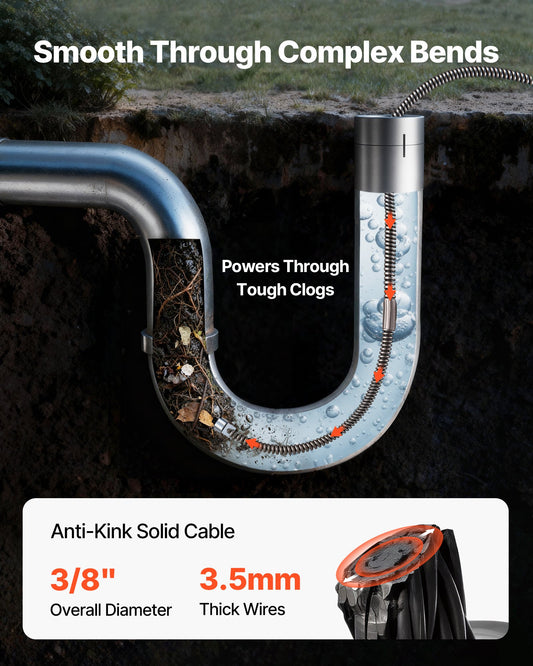 50ft Heavy-Duty Sewer Drain Cleaning Cable, 3/8" Solid Core Auger Snake for Clogged Pipes, Quick-Replace Heads, Versatile Tool