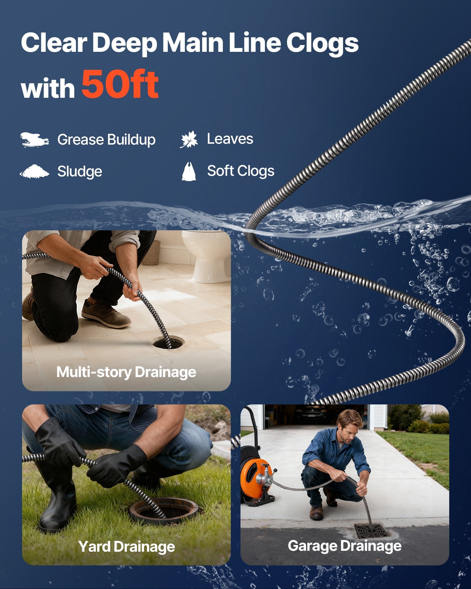 50ft Heavy-Duty Sewer Drain Cleaning Cable, 3/8" Solid Core Auger Snake for Clogged Pipes, Quick-Replace Heads, Versatile Tool