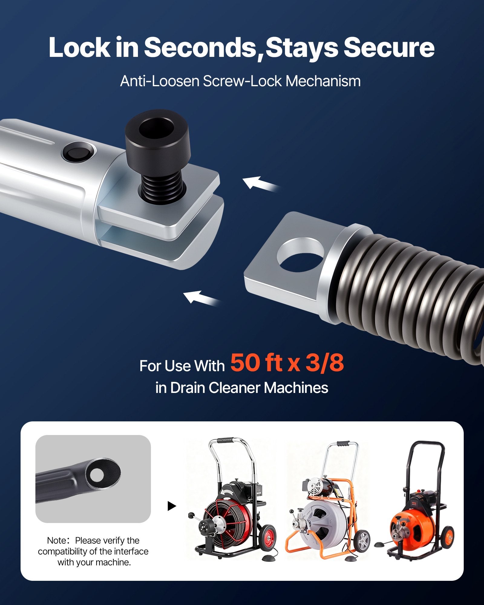 50ft Heavy-Duty Sewer Drain Cleaning Cable, 3/8" Solid Core Auger Snake for Clogged Pipes, Quick-Replace Heads, Versatile Tool