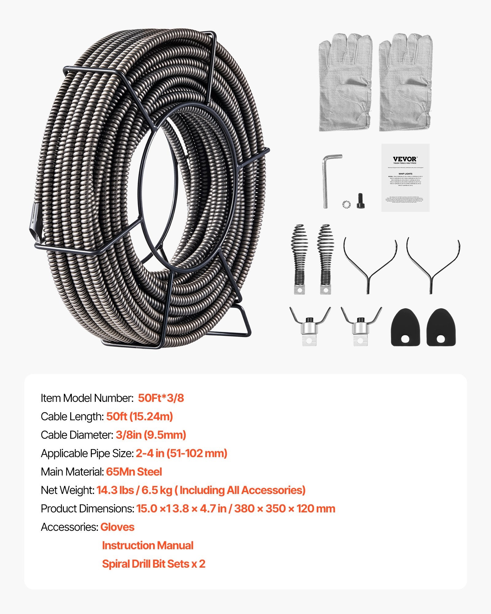 50ft Heavy-Duty Sewer Drain Cleaning Cable, 3/8" Solid Core Auger Snake for Clogged Pipes, Quick-Replace Heads, Versatile Tool