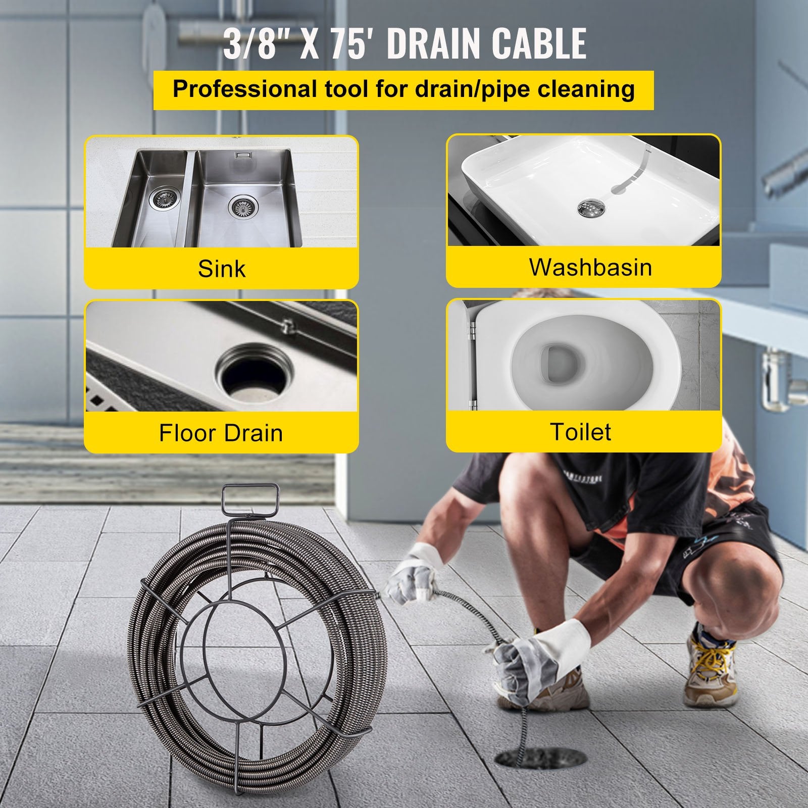 75ft Solid Core Drain Cleaning Cable - Heavy-Duty Sewer Auger Snake for Clogs, Quick Replaceable Heads, 3/8 Inch Diameter, Versatile for 2-4" Pipes