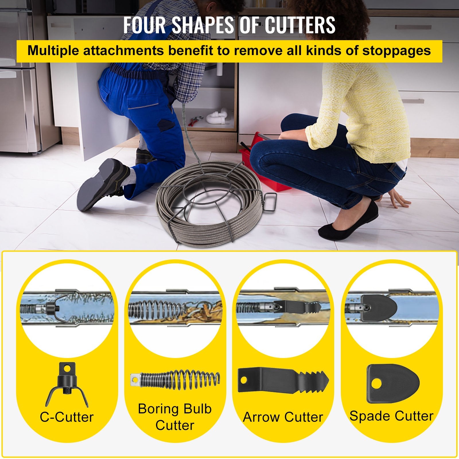 75ft Solid Core Drain Cleaning Cable - Heavy-Duty Sewer Auger Snake for Clogs, Quick Replaceable Heads, 3/8 Inch Diameter, Versatile for 2-4" Pipes