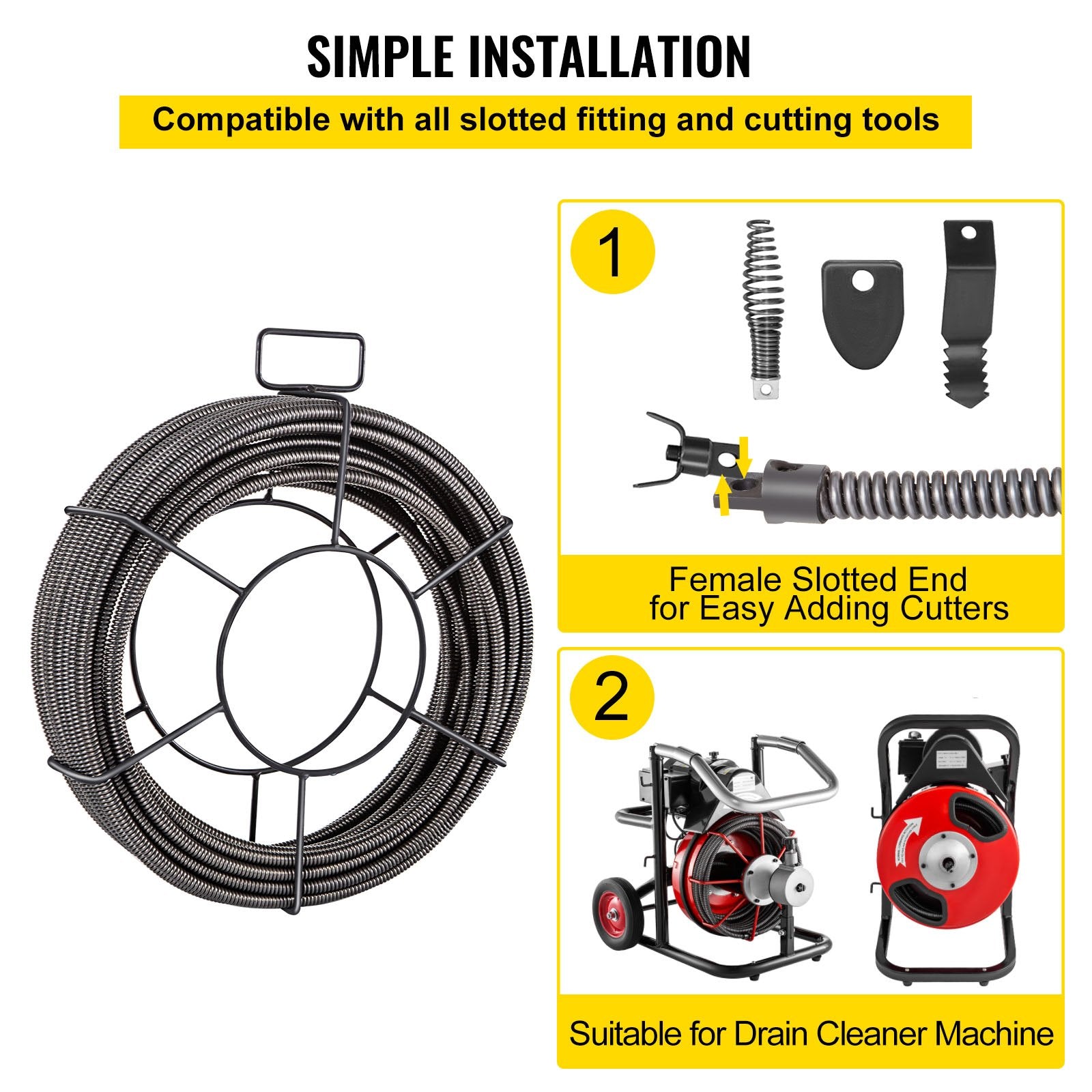 75ft Solid Core Drain Cleaning Cable - Heavy-Duty Sewer Auger Snake for Clogs, Quick Replaceable Heads, 3/8 Inch Diameter, Versatile for 2-4" Pipes