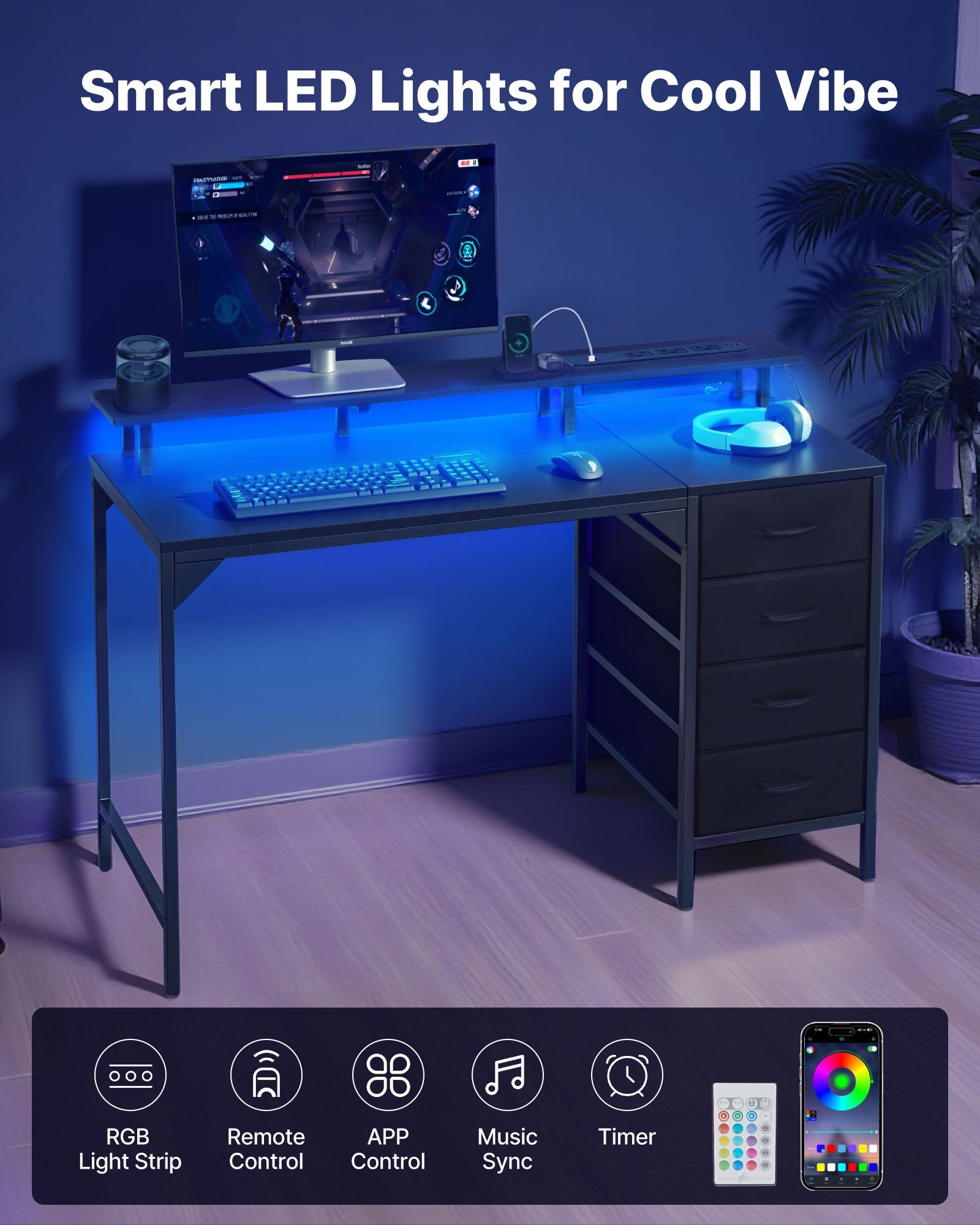 Black 47" Gaming Desk with LED Lights, Power Outlets, Monitor Stand, 4 Drawers - Ideal for Home Office & Small Spaces