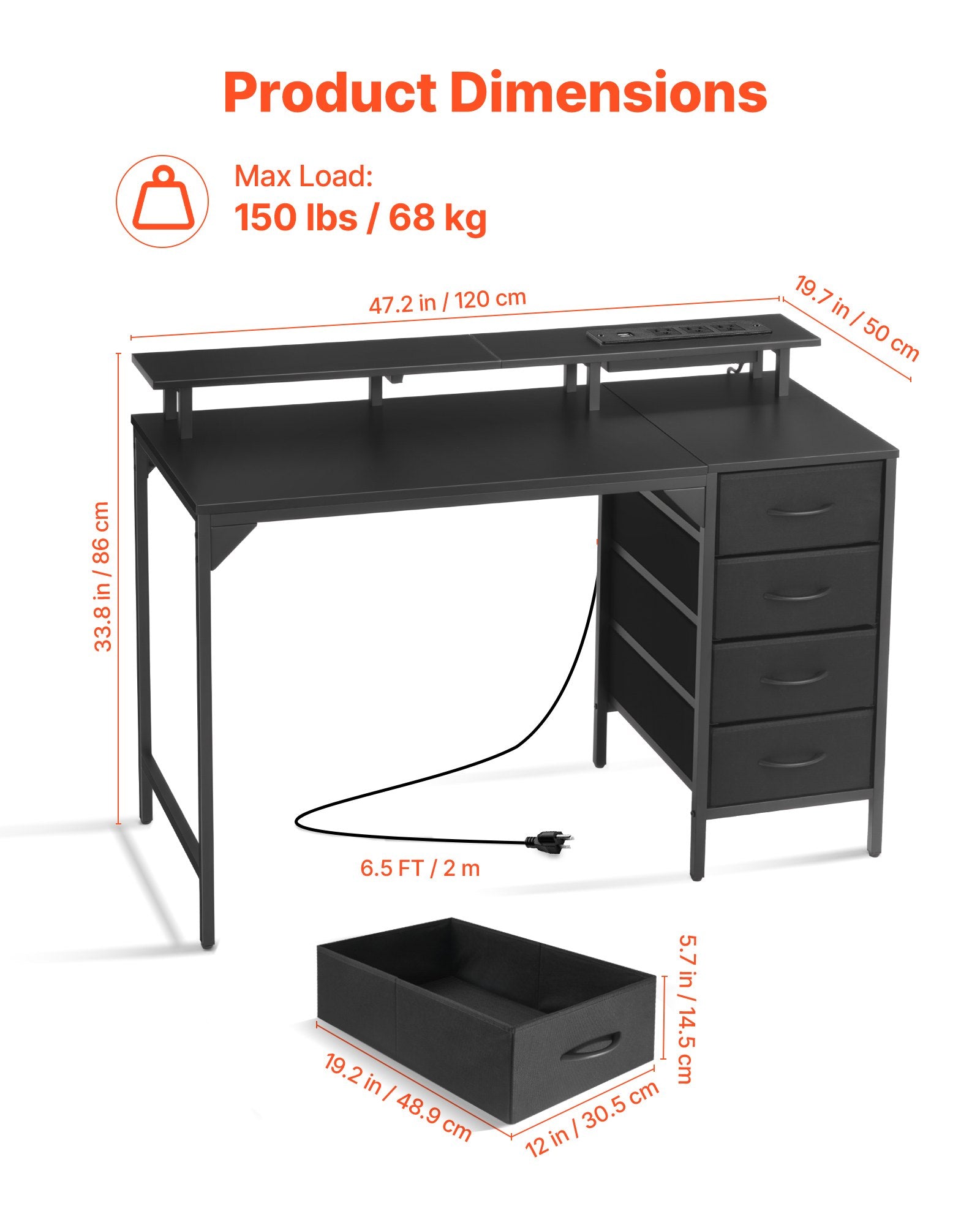 Black 47" Gaming Desk with LED Lights, Power Outlets, Monitor Stand, 4 Drawers - Ideal for Home Office & Small Spaces