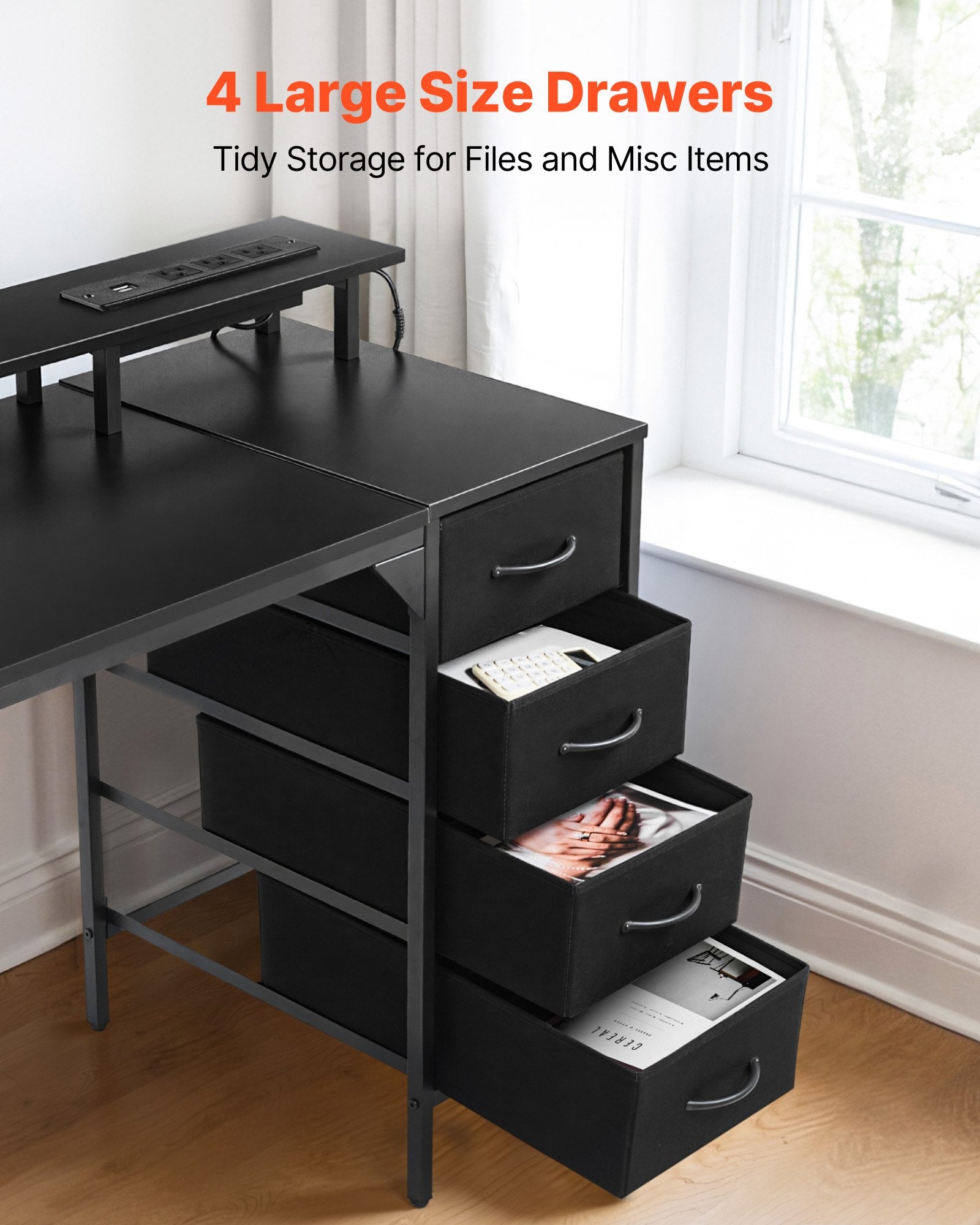 Black 47" Gaming Desk with LED Lights, Power Outlets, Monitor Stand, 4 Drawers - Ideal for Home Office & Small Spaces