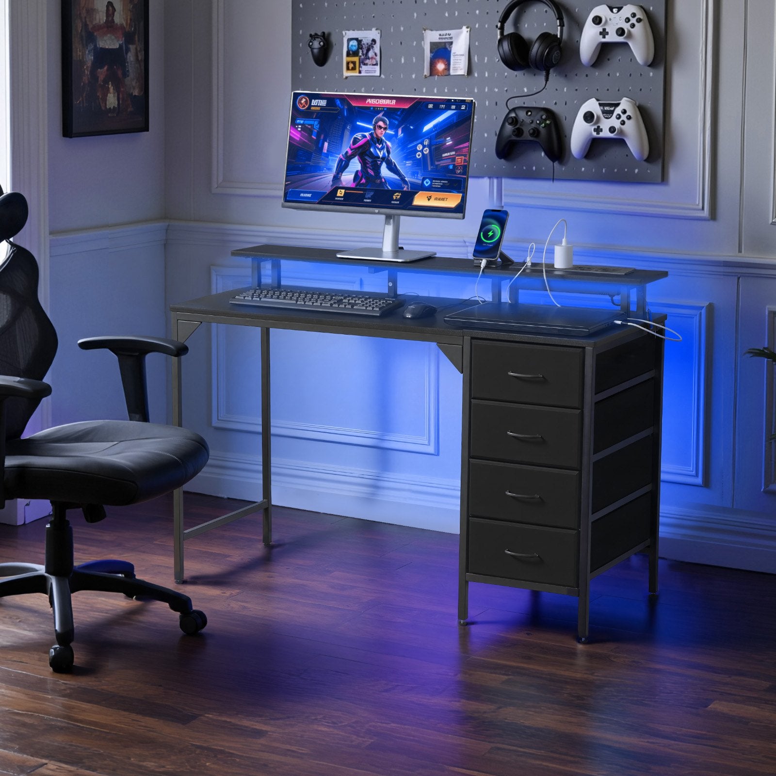 Black 47" Gaming Desk with LED Lights, Power Outlets, Monitor Stand, 4 Drawers - Ideal for Home Office & Small Spaces