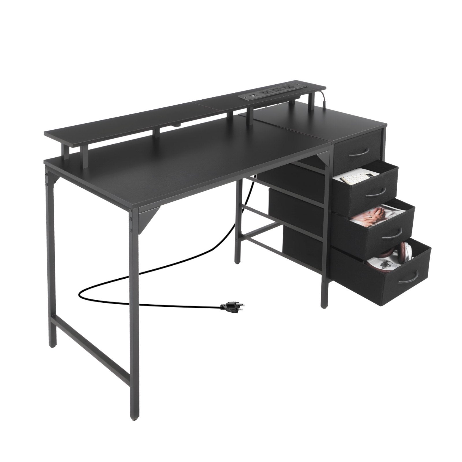 Black 47" Gaming Desk with LED Lights, Power Outlets, Monitor Stand, 4 Drawers - Ideal for Home Office & Small Spaces