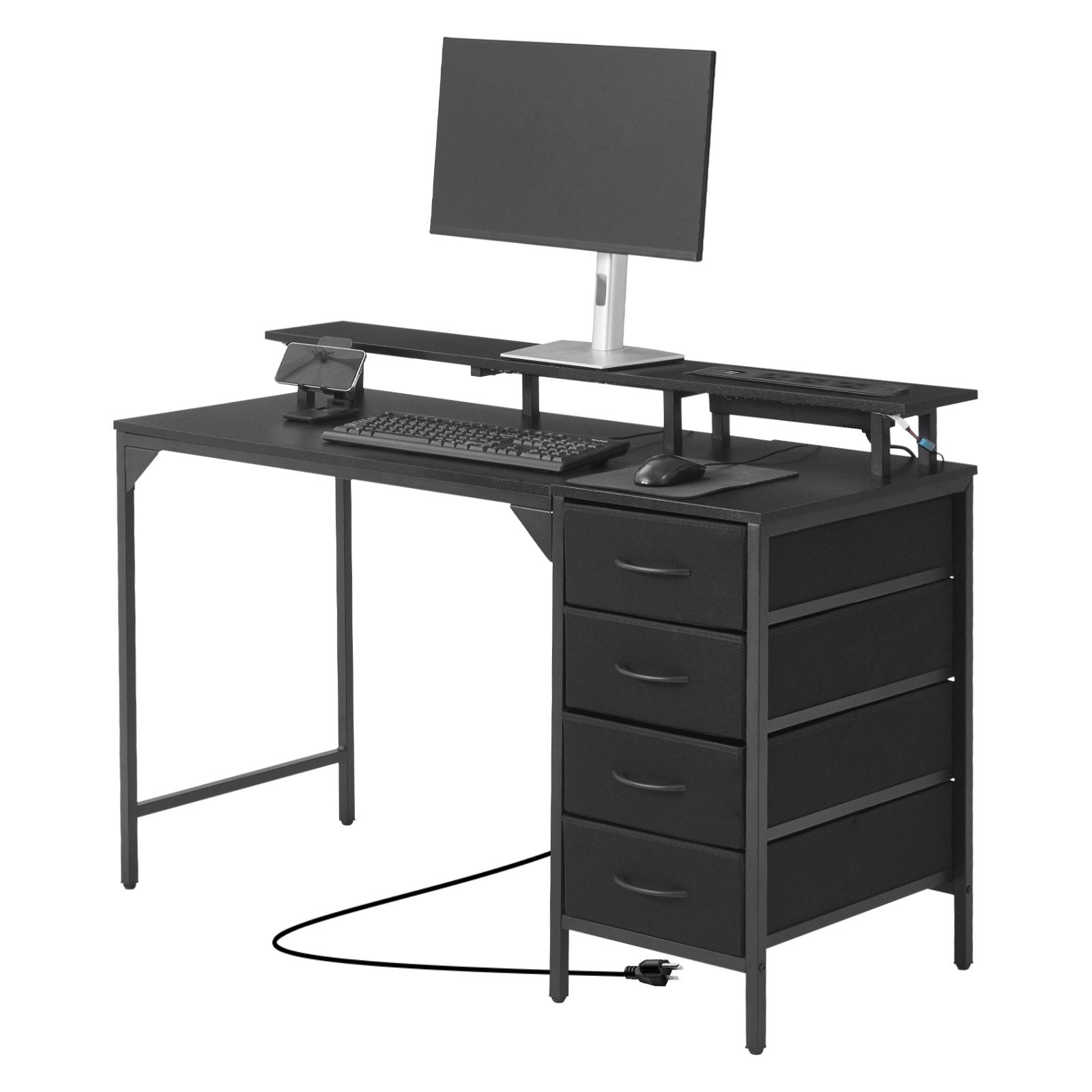 Black 47" Gaming Desk with LED Lights, Power Outlets, Monitor Stand, 4 Drawers - Ideal for Home Office & Small Spaces