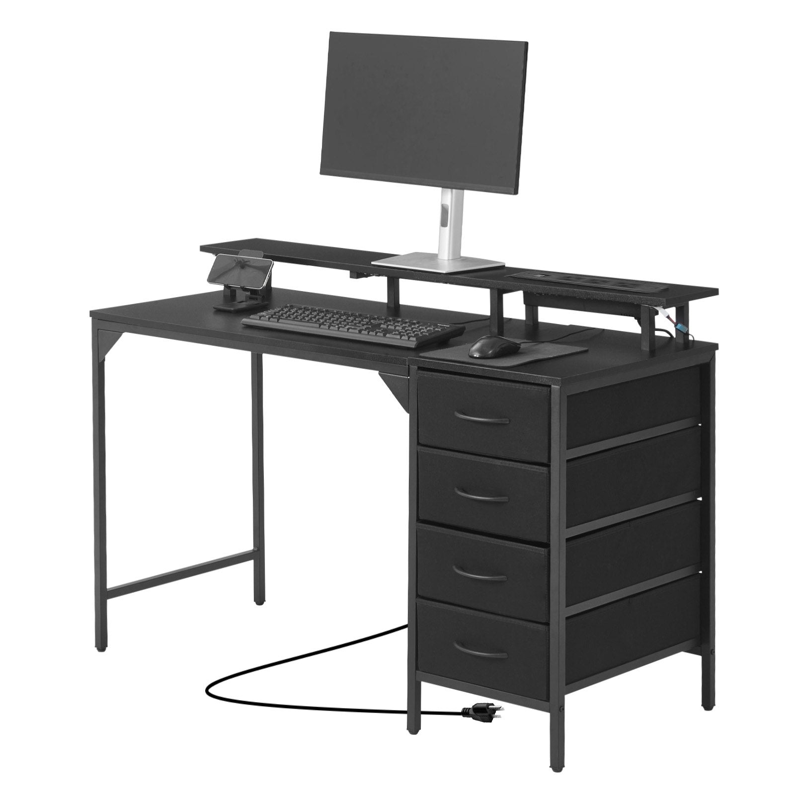 Black 47" Gaming Desk with LED Lights, Power Outlets, Monitor Stand, 4 Drawers - Ideal for Home Office & Small Spaces