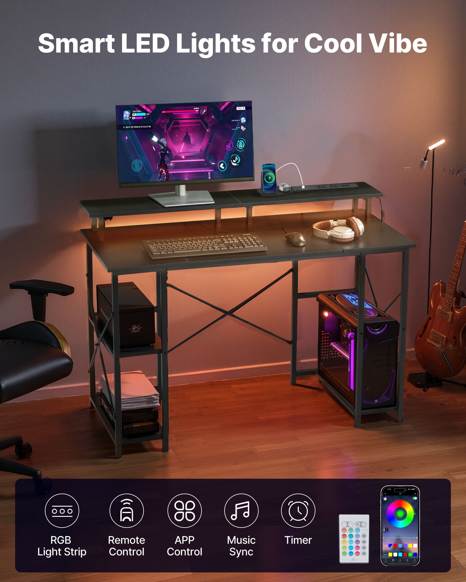 47" Black Gaming Desk with LED Lights, Power Outlets, Monitor Stand, 2-Tier Storage, Home Office Computer Desk, Study Workstation