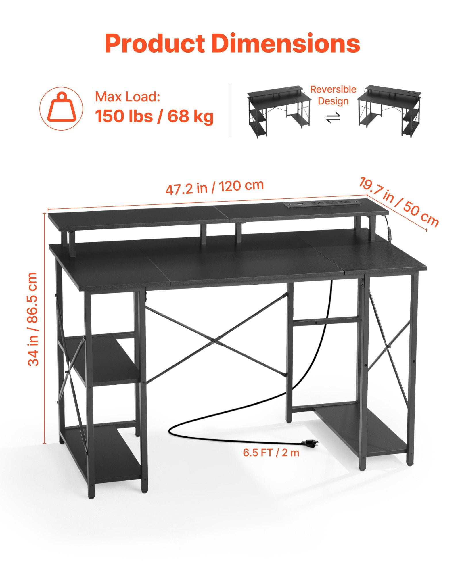 47" Black Gaming Desk with LED Lights, Power Outlets, Monitor Stand, 2-Tier Storage, Home Office Computer Desk, Study Workstation