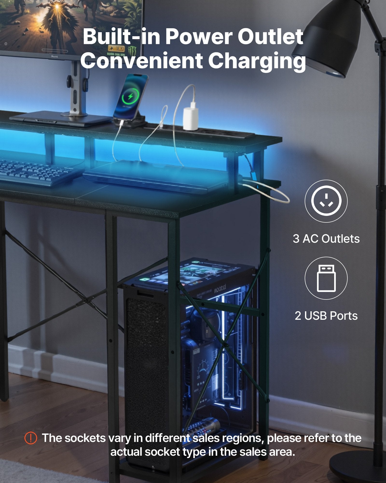 47" Black Gaming Desk with LED Lights, Power Outlets, Monitor Stand, 2-Tier Storage, Home Office Computer Desk, Study Workstation