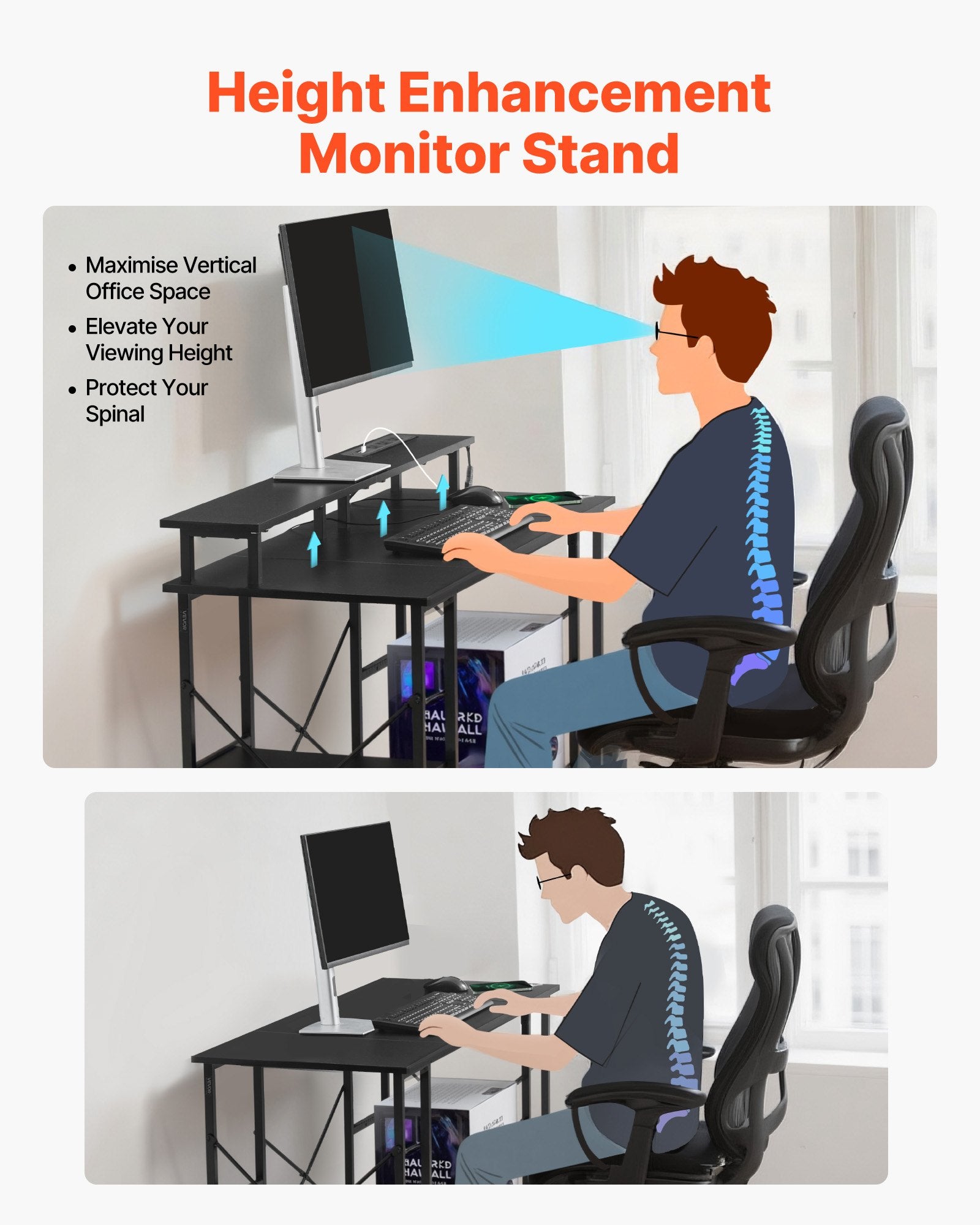 47" Black Gaming Desk with LED Lights, Power Outlets, Monitor Stand, 2-Tier Storage, Home Office Computer Desk, Study Workstation