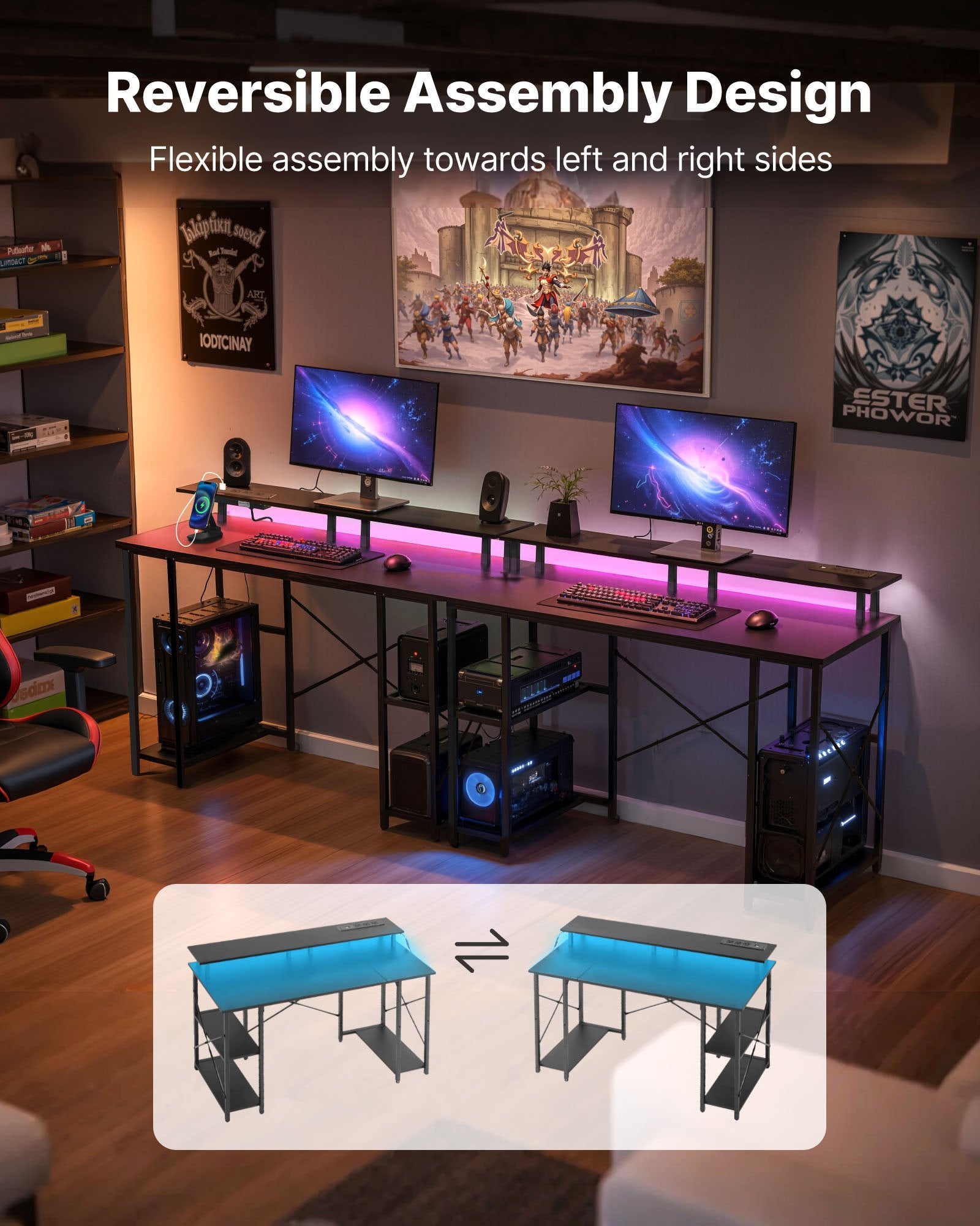 47" Black Gaming Desk with LED Lights, Power Outlets, Monitor Stand, 2-Tier Storage, Home Office Computer Desk, Study Workstation