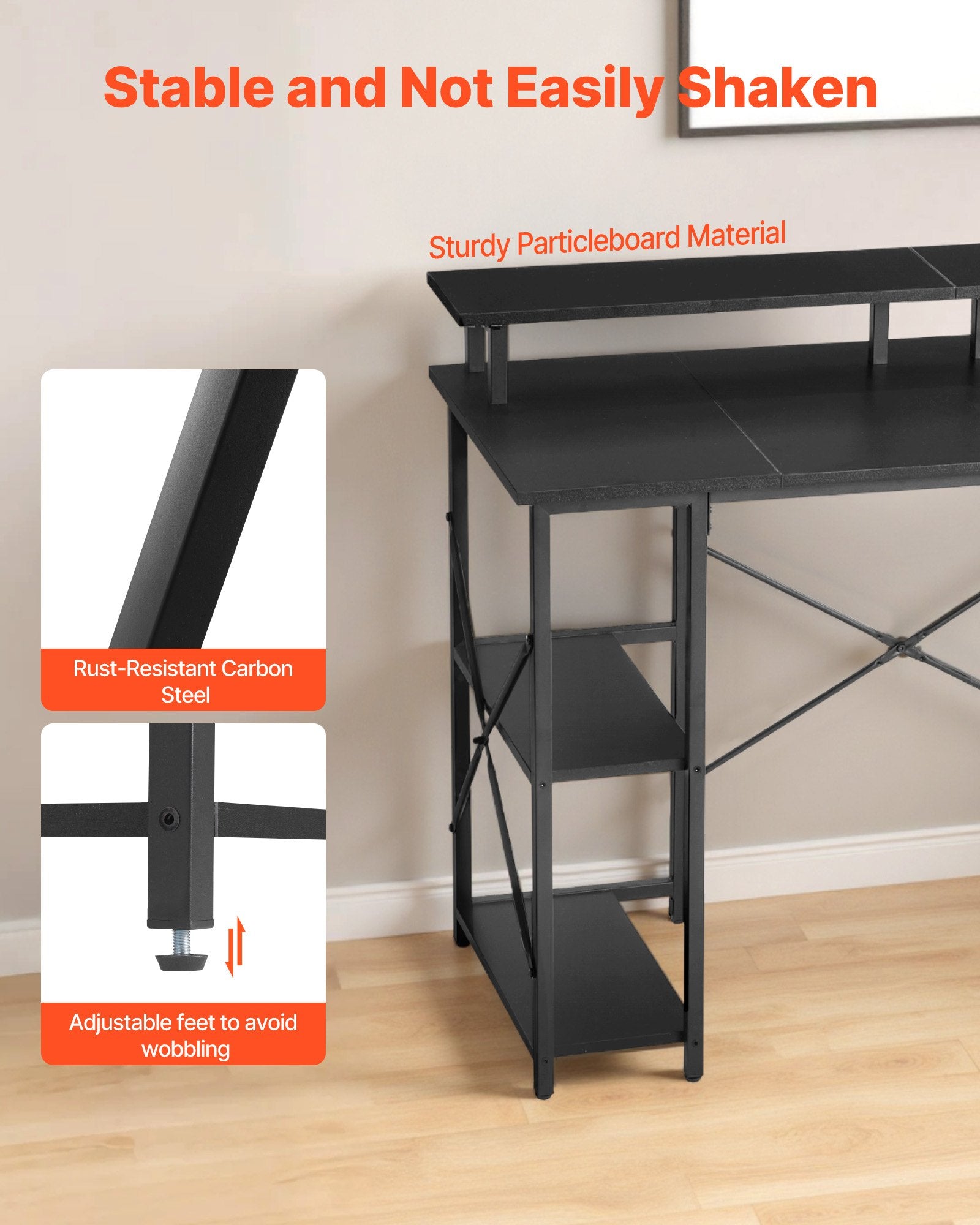 47" Black Gaming Desk with LED Lights, Power Outlets, Monitor Stand, 2-Tier Storage, Home Office Computer Desk, Study Workstation