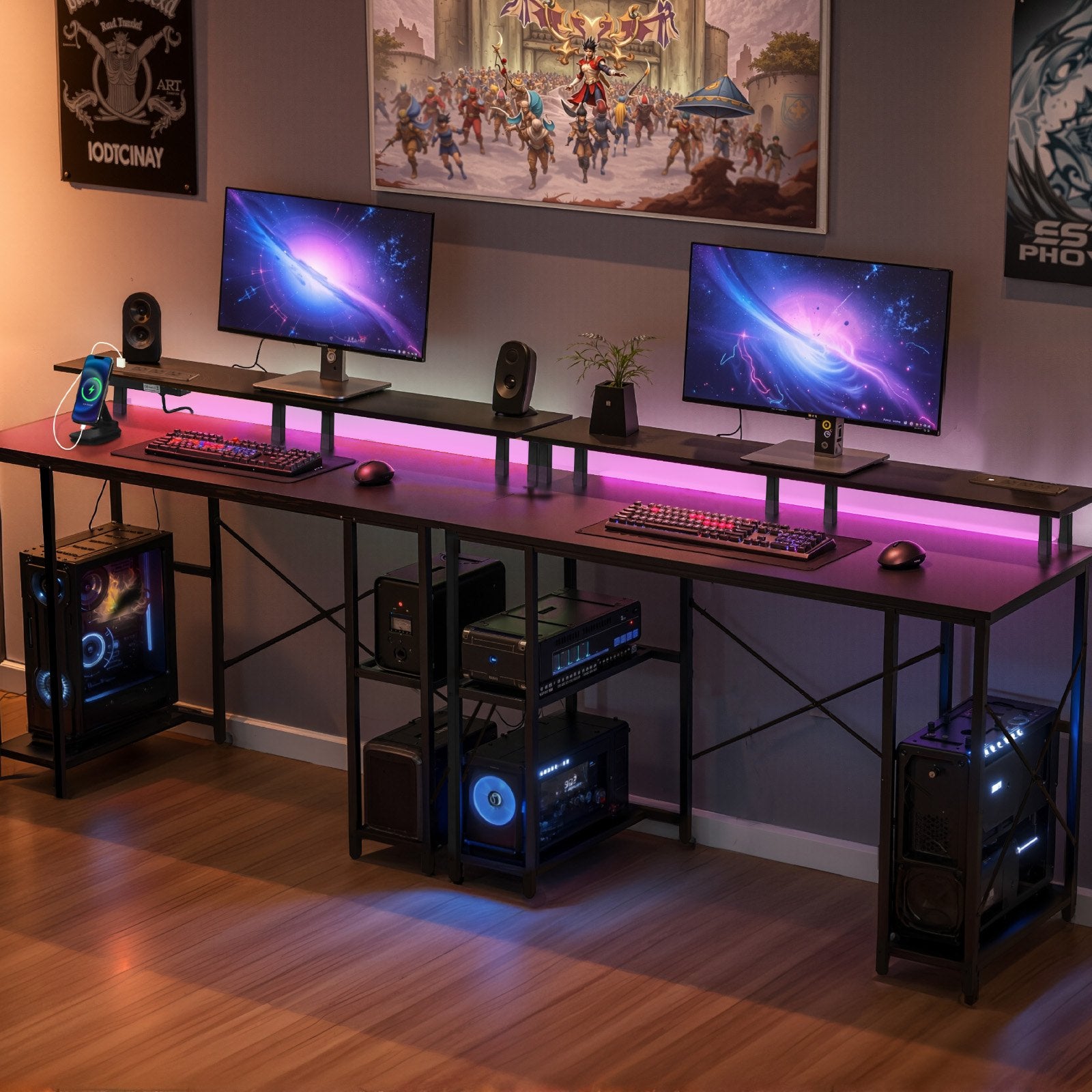 47" Black Gaming Desk with LED Lights, Power Outlets, Monitor Stand, 2-Tier Storage, Home Office Computer Desk, Study Workstation