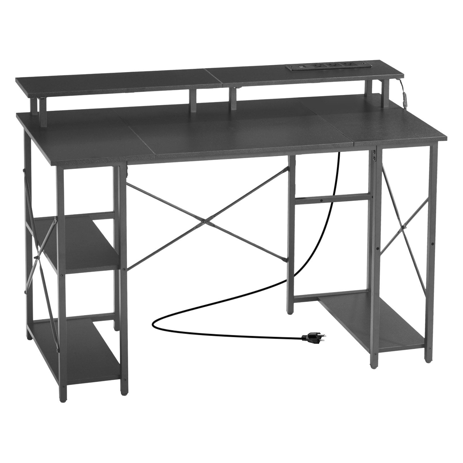 47" Black Gaming Desk with LED Lights, Power Outlets, Monitor Stand, 2-Tier Storage, Home Office Computer Desk, Study Workstation
