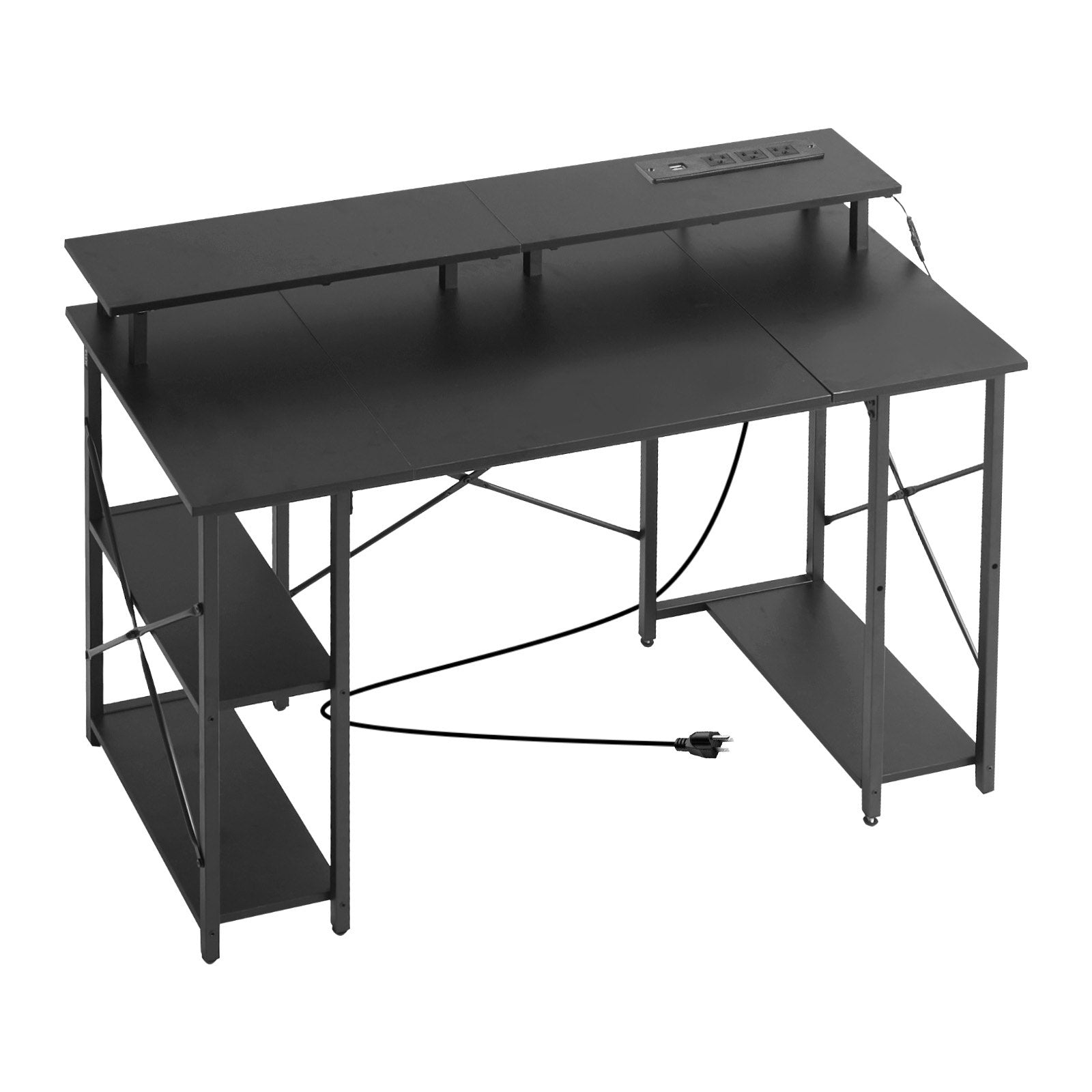 47" Black Gaming Desk with LED Lights, Power Outlets, Monitor Stand, 2-Tier Storage, Home Office Computer Desk, Study Workstation
