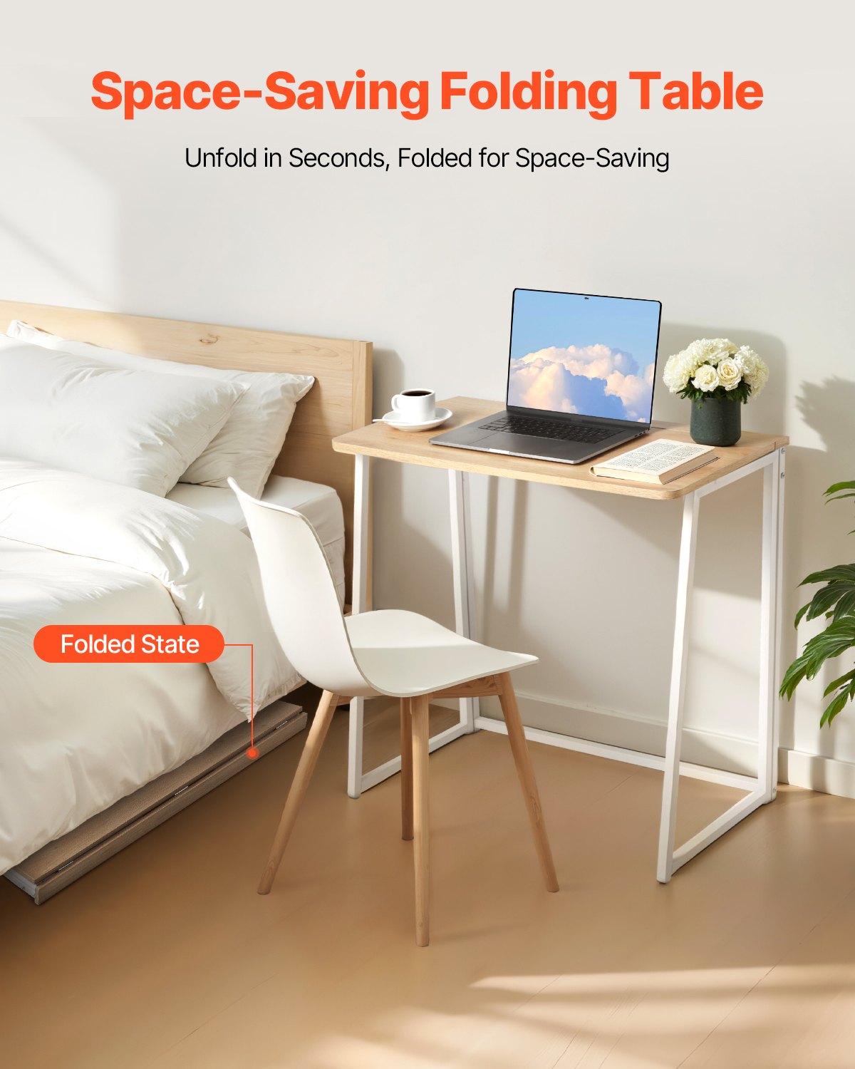 Compact Folding Desk with Storage Hooks, 31.5" Space-Saving Computer Table for Home Office, Easy Assembly, Oak Finish, Multi-Purpose Use