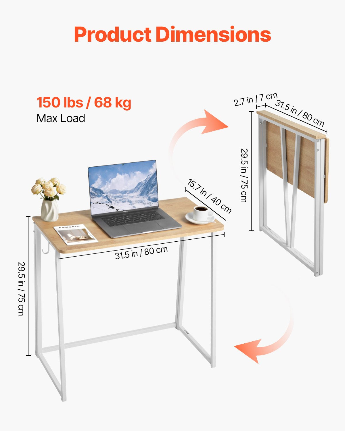 Compact Folding Desk with Storage Hooks, 31.5" Space-Saving Computer Table for Home Office, Easy Assembly, Oak Finish, Multi-Purpose Use